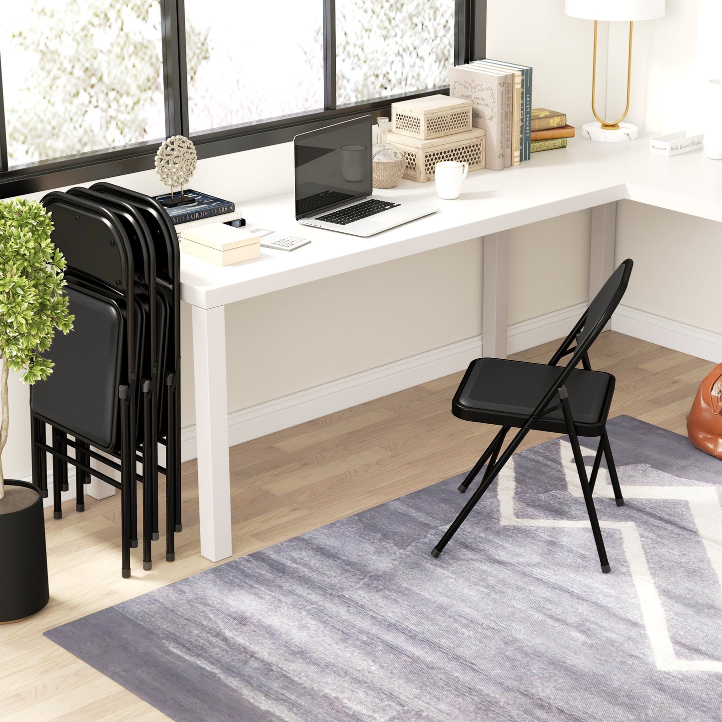 HOMCOM Set of Four Cushioned Steel Folding Chairs - Black