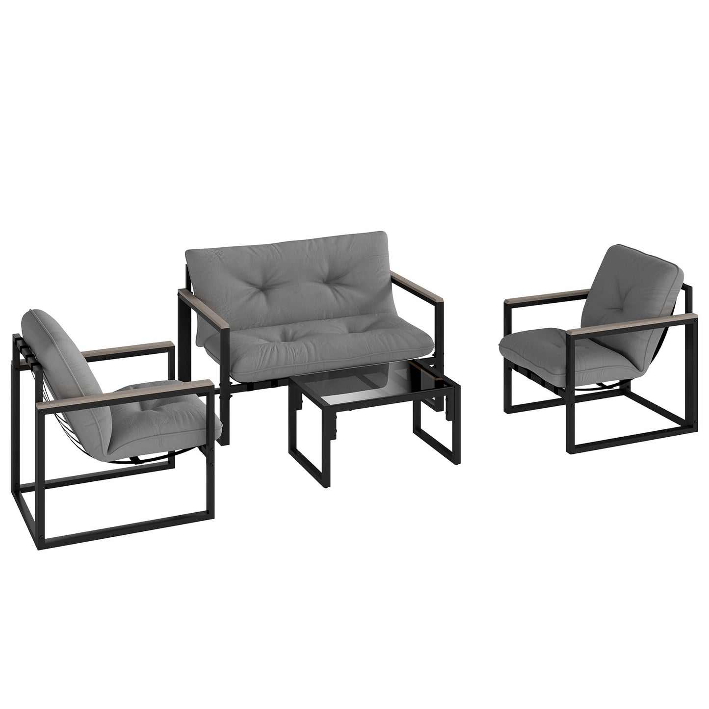 Outsunny 4-Piece Garden Furniture Set: Loveseat Sofa, Armchairs, Glass Coffee Table, Cushions for Indoor/Outdoor Use, Dark Grey