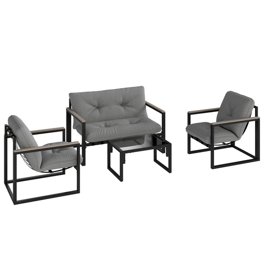 Outsunny 4-Piece Garden Furniture Set: Loveseat Sofa, Armchairs, Glass Coffee Table, Cushions for Indoor/Outdoor Use, Dark Grey