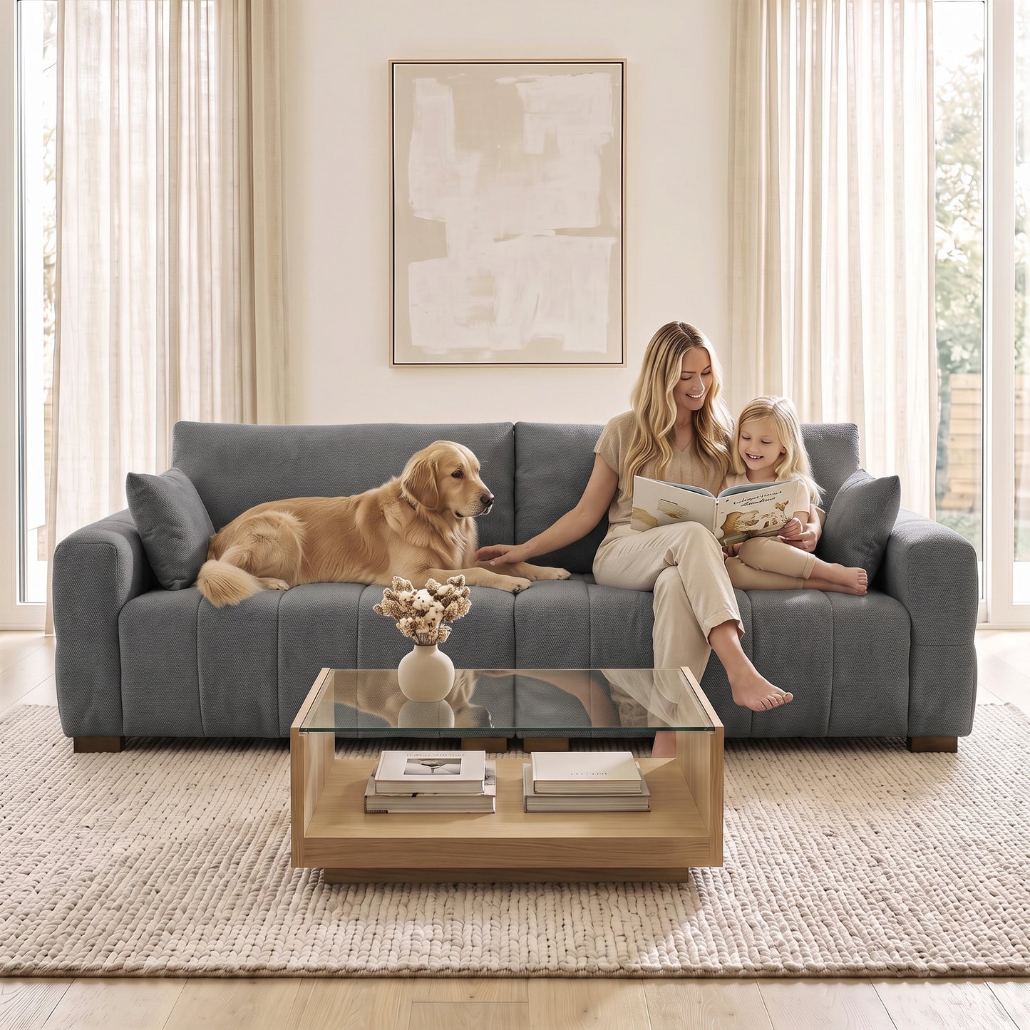 HOMCOM 3 Seater Sofa, Upholstered Velvet Couch for Bedroom with Pillows, Padded Cushion and Wood Legs, Grey