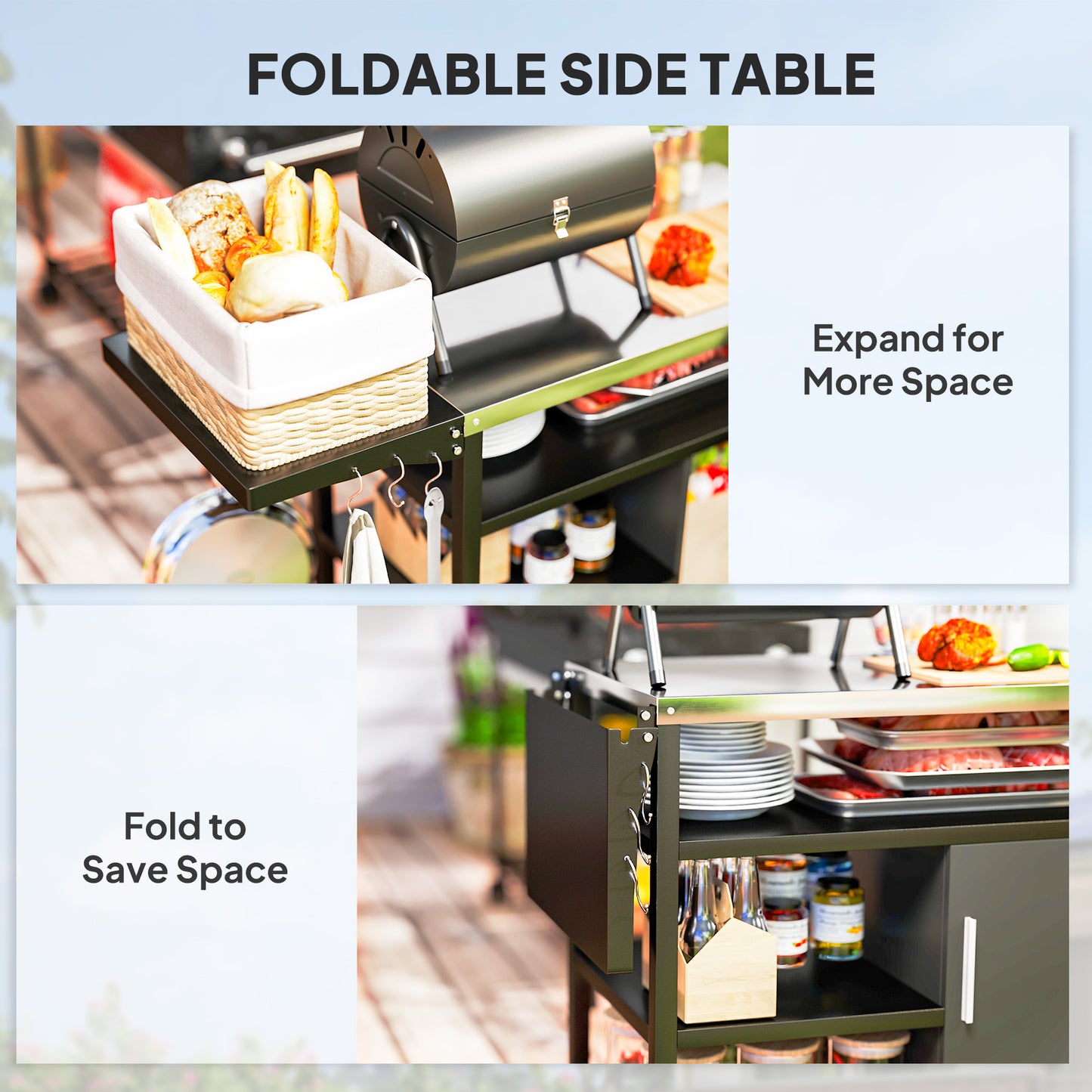 Outsunny Outdoor BBQ Trolley, Stainless Steel Top, Foldable Side Table, Wheels, Hooks, Shelves, Cabinet, Pizza Oven Table, Cover, Black
