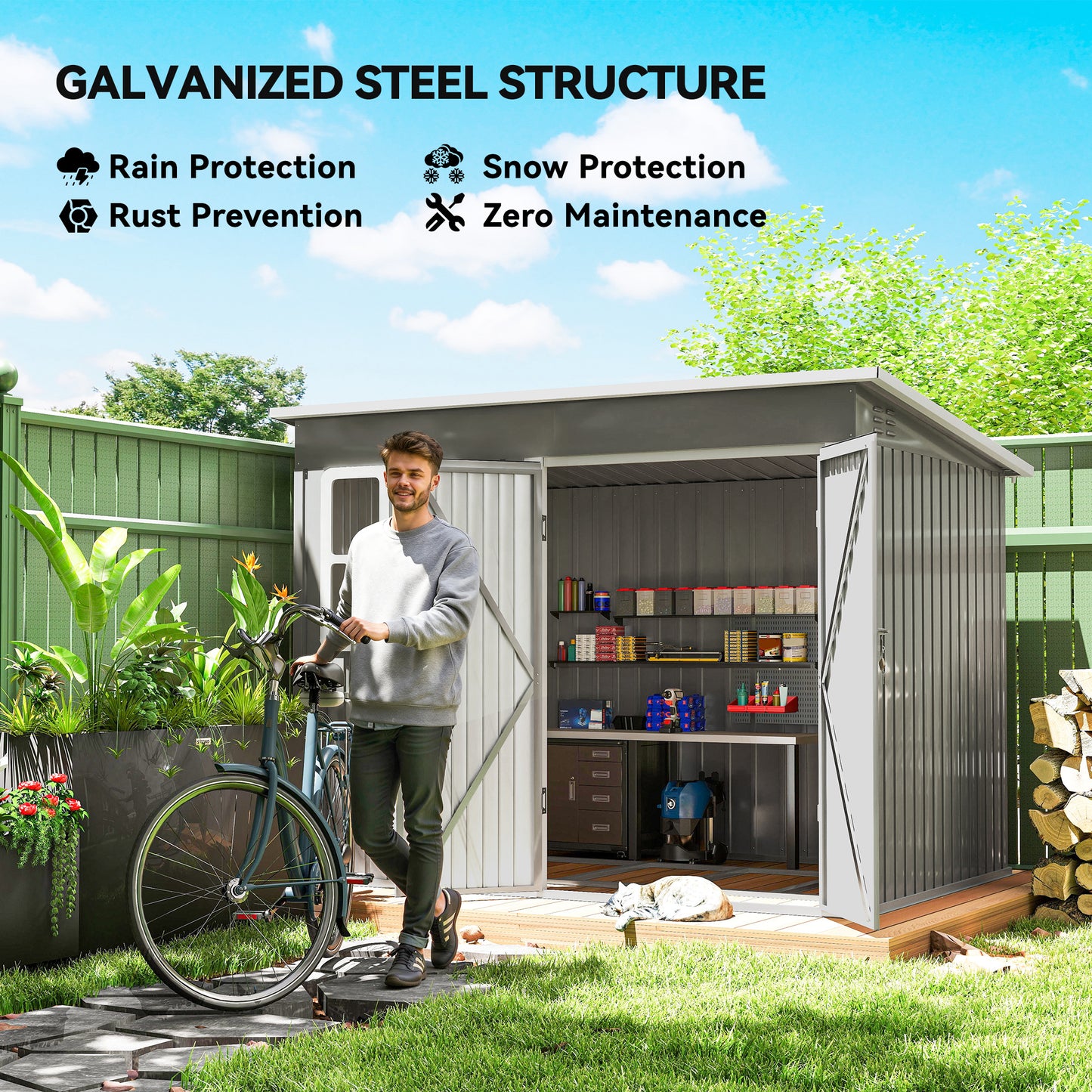 Outsunny Metal Storage Shed Lockable with Foundation Light Grey