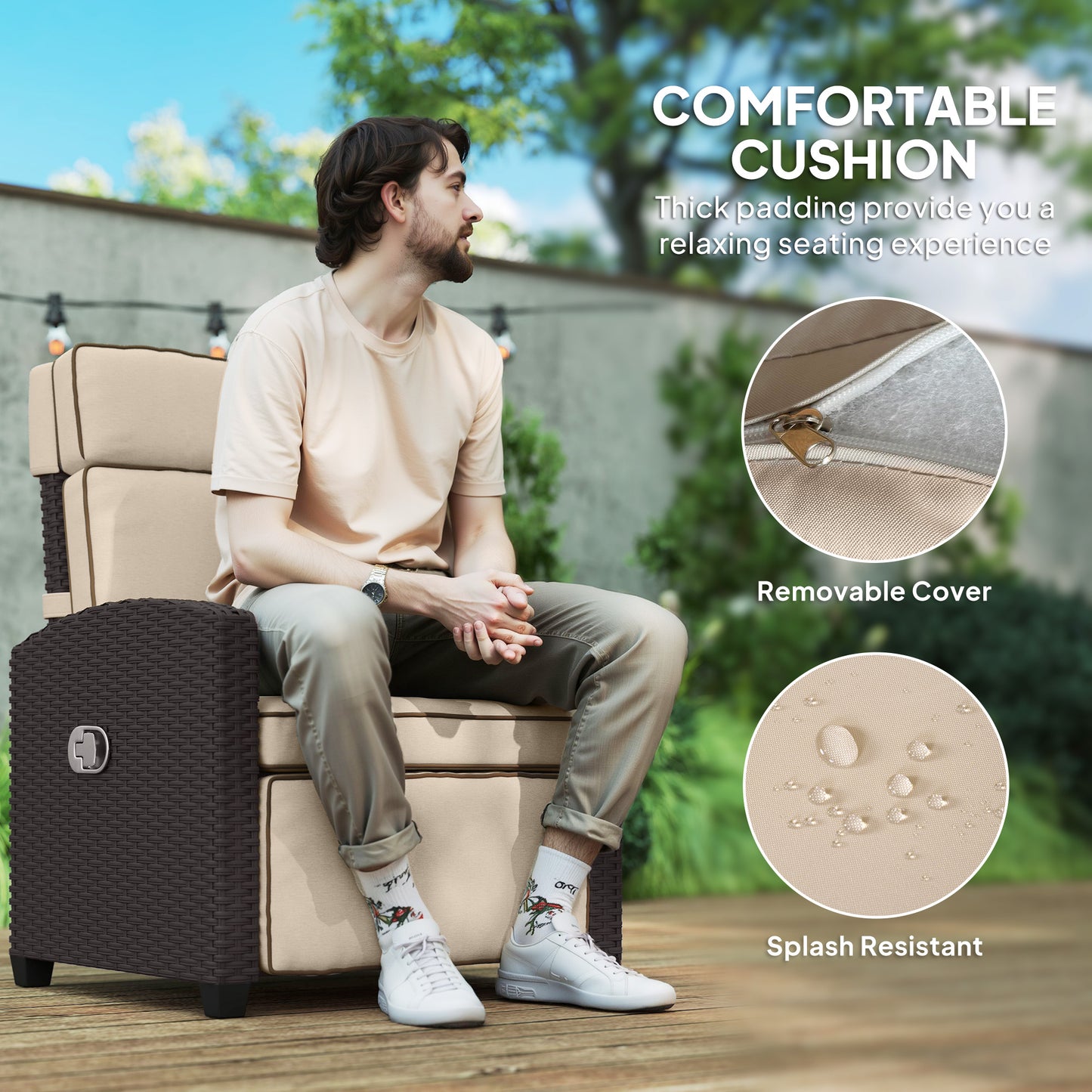 Outsunny 145° Reclining Rattan Armchair, with Footrest - Brown/Khaki