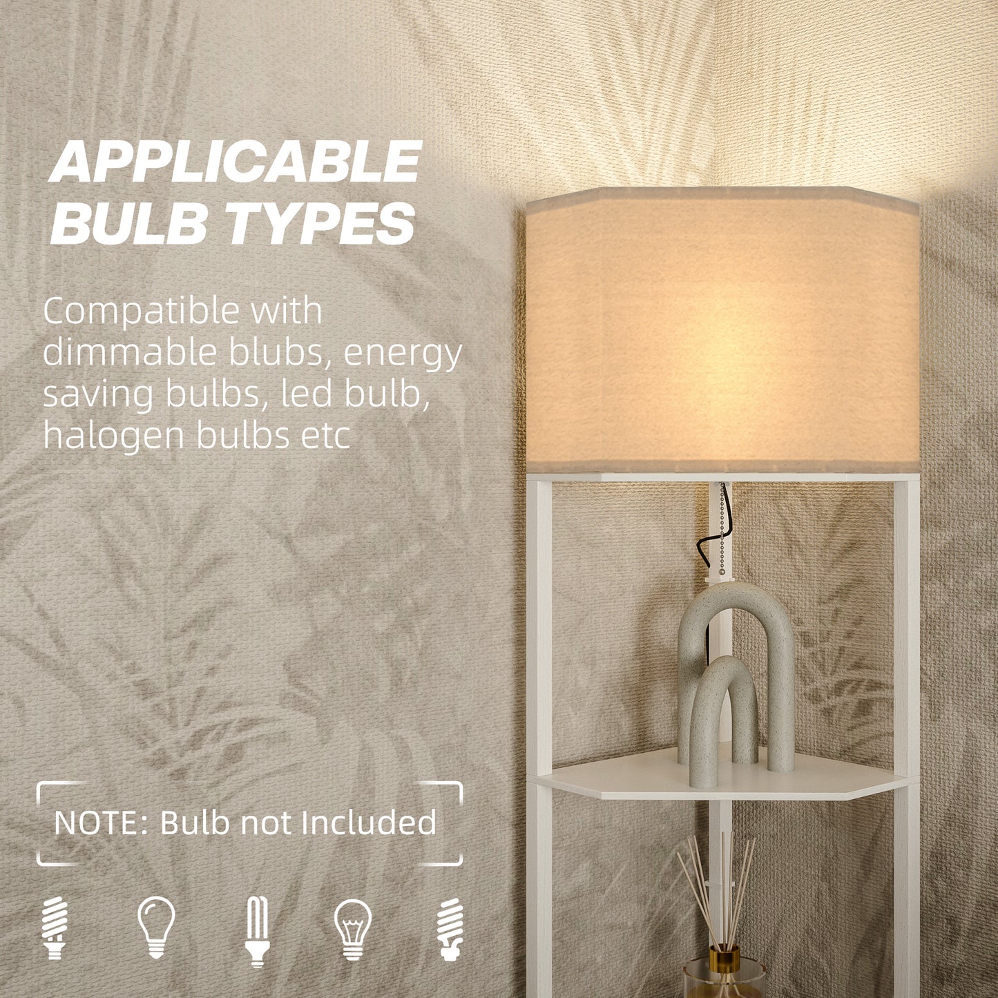 HOMCOM Corner Floor Lamp with Shelves, Tall Standing Lamps for Living Room, with Pull Chain Switch Bulb not Included, White