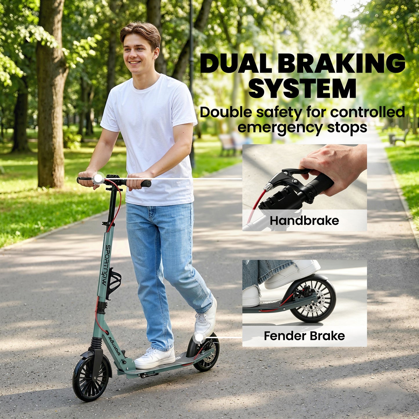 SPORTNOW Foldable Kick Scooter with Height Adjustable Handlebar, One-click Folding Adult Scooters with 200 mm Big Wheels, Silver