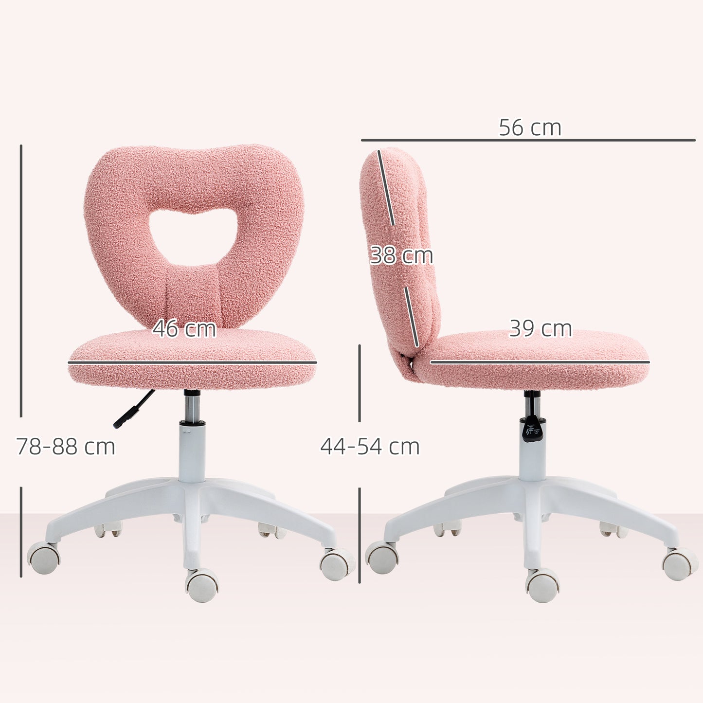 HOMCOM Armless Heart Computer Desk Chair, Teddy Fleece Swivel Office Chair with Height Adjustable, Wheels, for Home Study, Pink