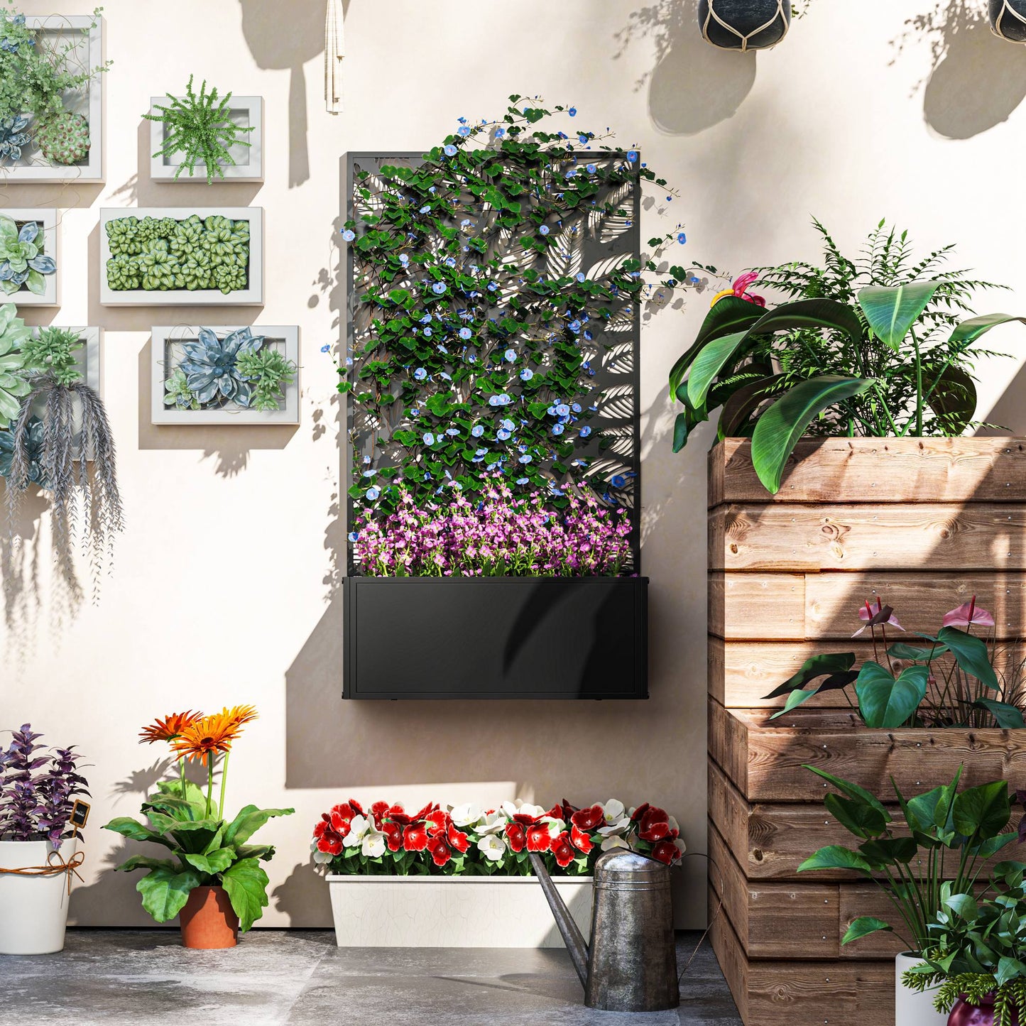 Outsunny Outdoor Metal Planter, with Leaf Back Trellis - Black