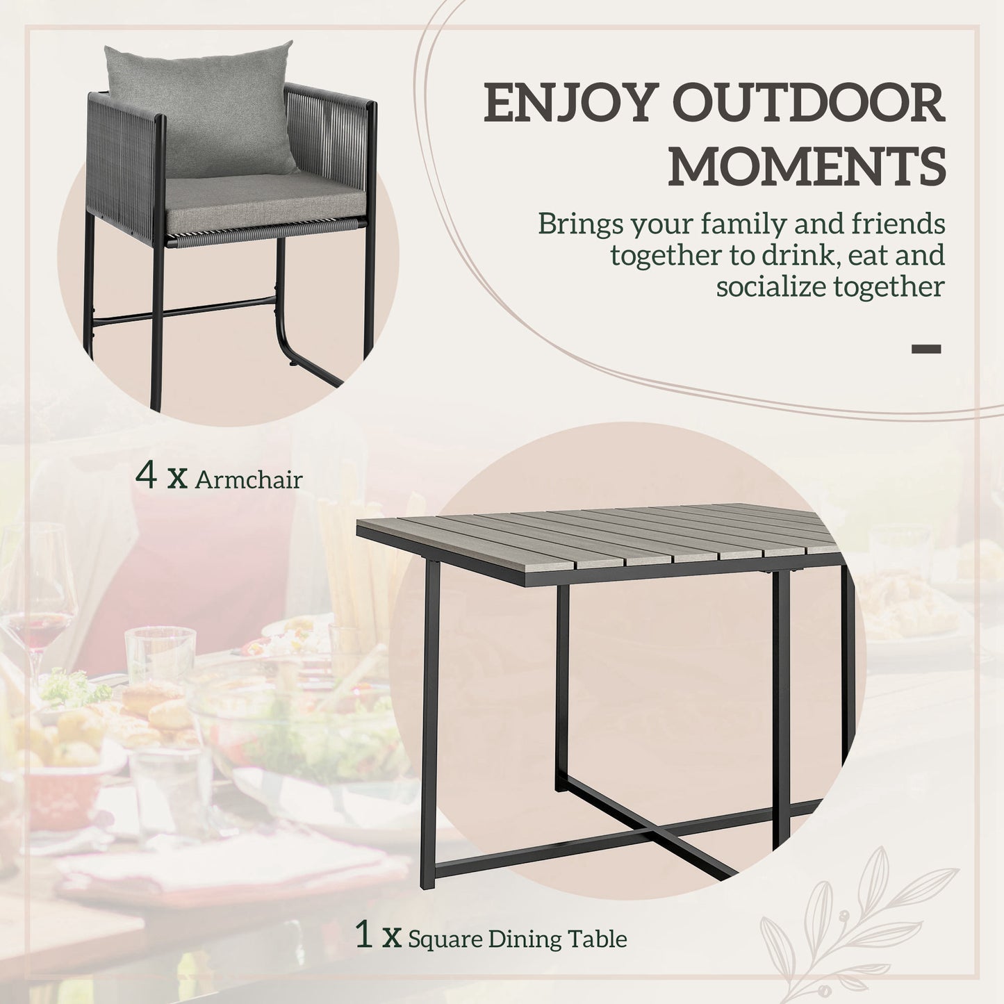 Outsunny 4 Seater Rattan Cube Dining Set with Cushions, Outdoor Table and Chairs, Wood Grain Top for Patio, Balcony, Grey