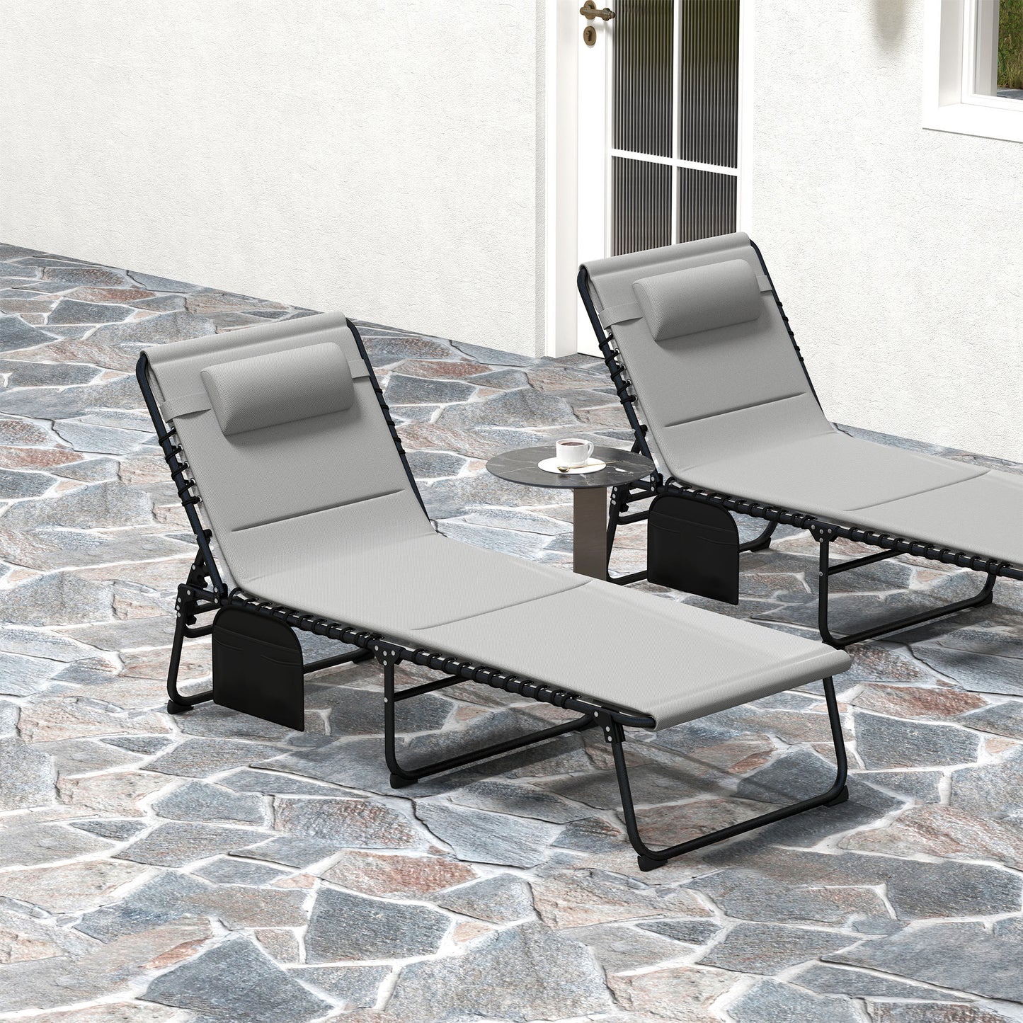 Outsunny Folding Sun Loungers Set of 2, Recliner Garden Chairs w/ Quick Dry Pad, Headrest, Light Grey