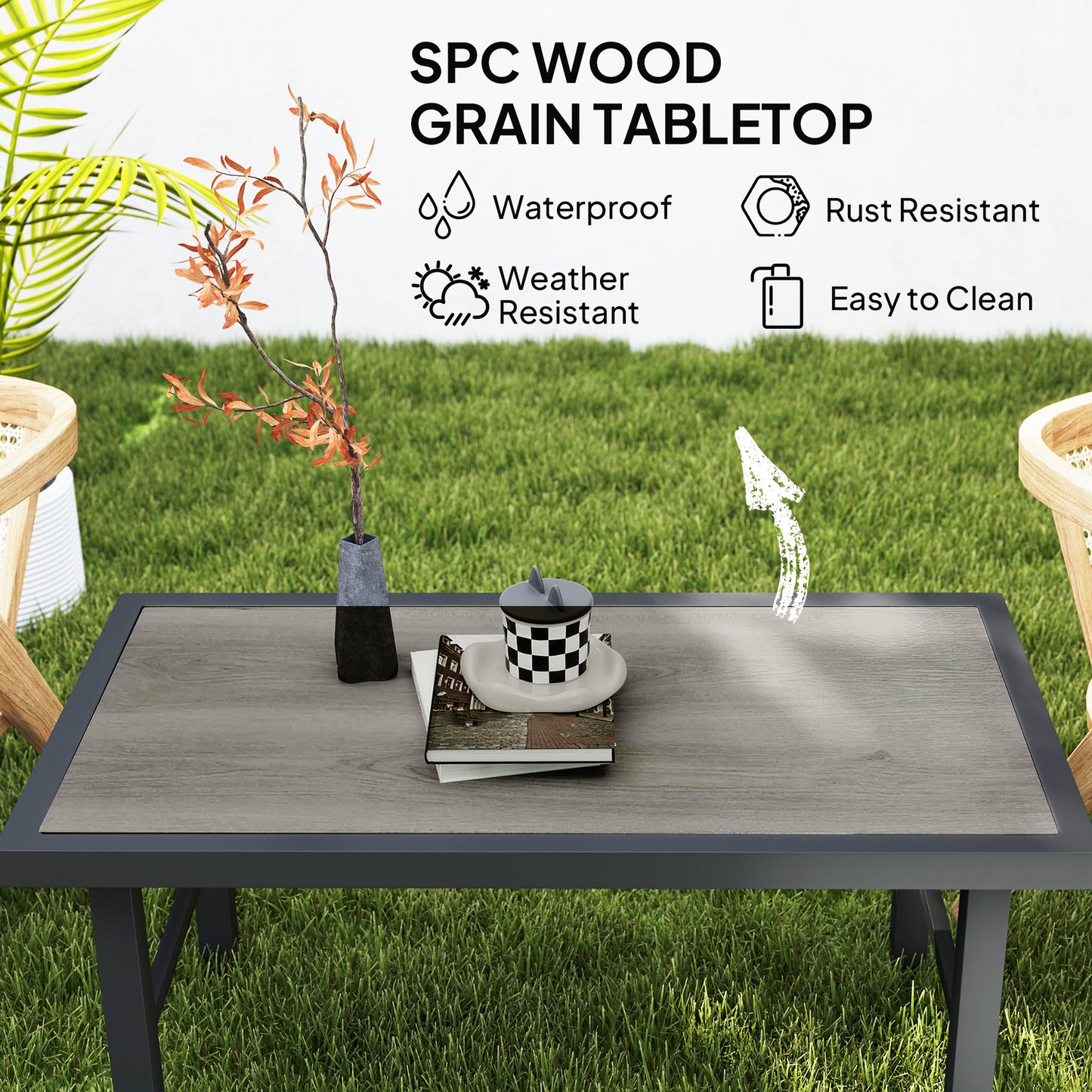 Outsunny Metal Garden Coffee Table, Outdoor Side Table with SPC Woodgrain Tabletop, 100 x 53 x 46cm, Grey Wood Effect