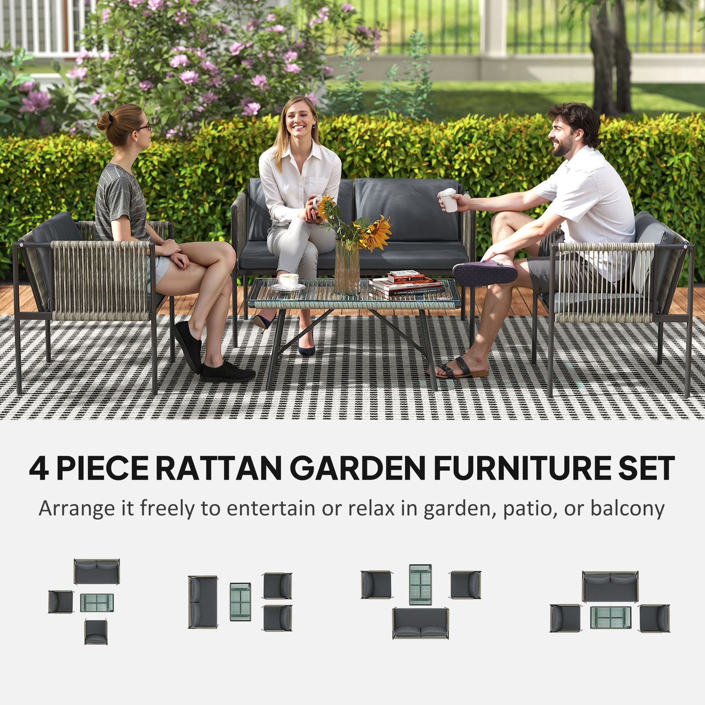 Outsunny 4 Piece Rattan Garden Furniture Set, 4 Seater Wicker Outdoor Set with 2 Armchairs, Loveseat, Coffee Table & Cushions, Grey