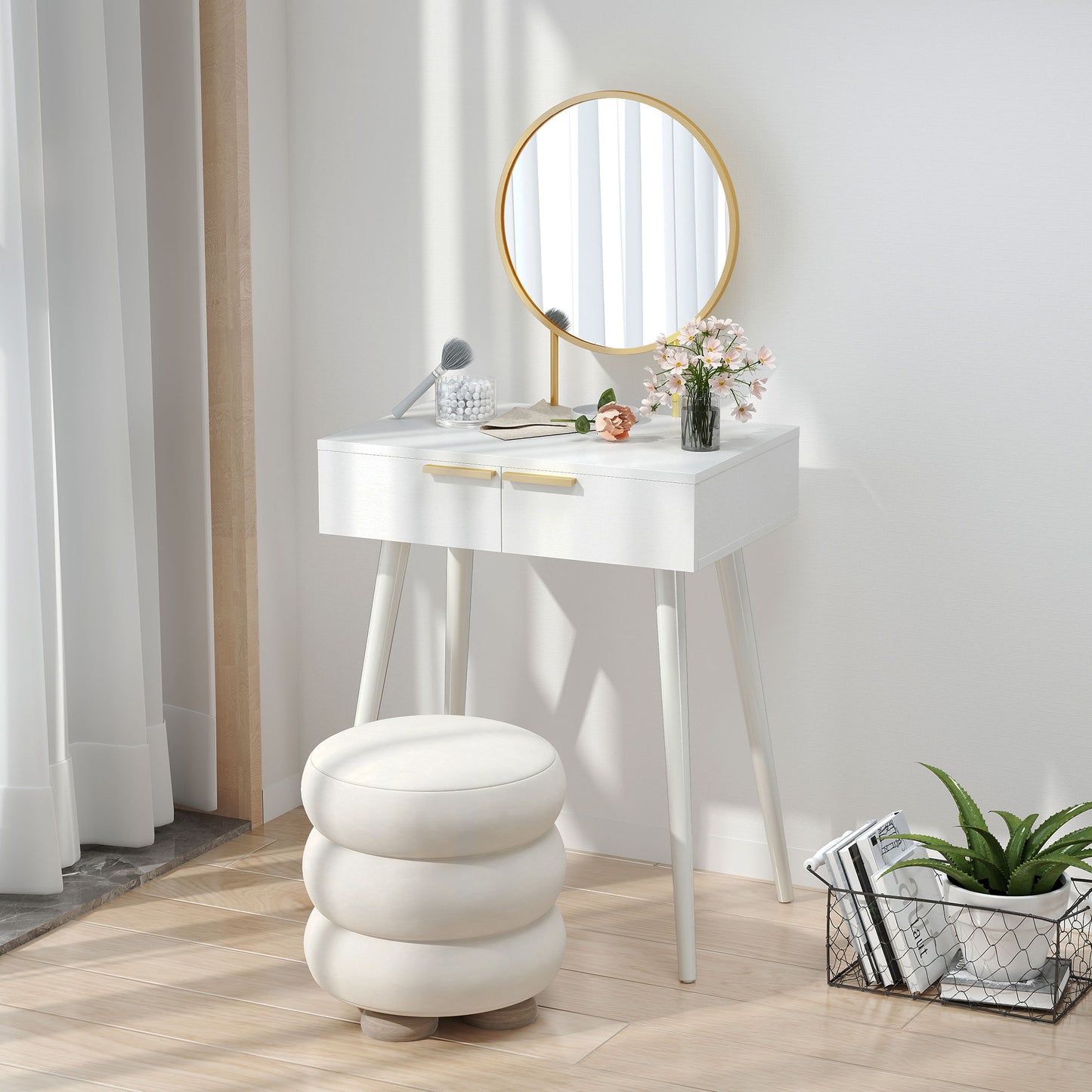 HOMCOM Dressing Table with Round Mirror - White
