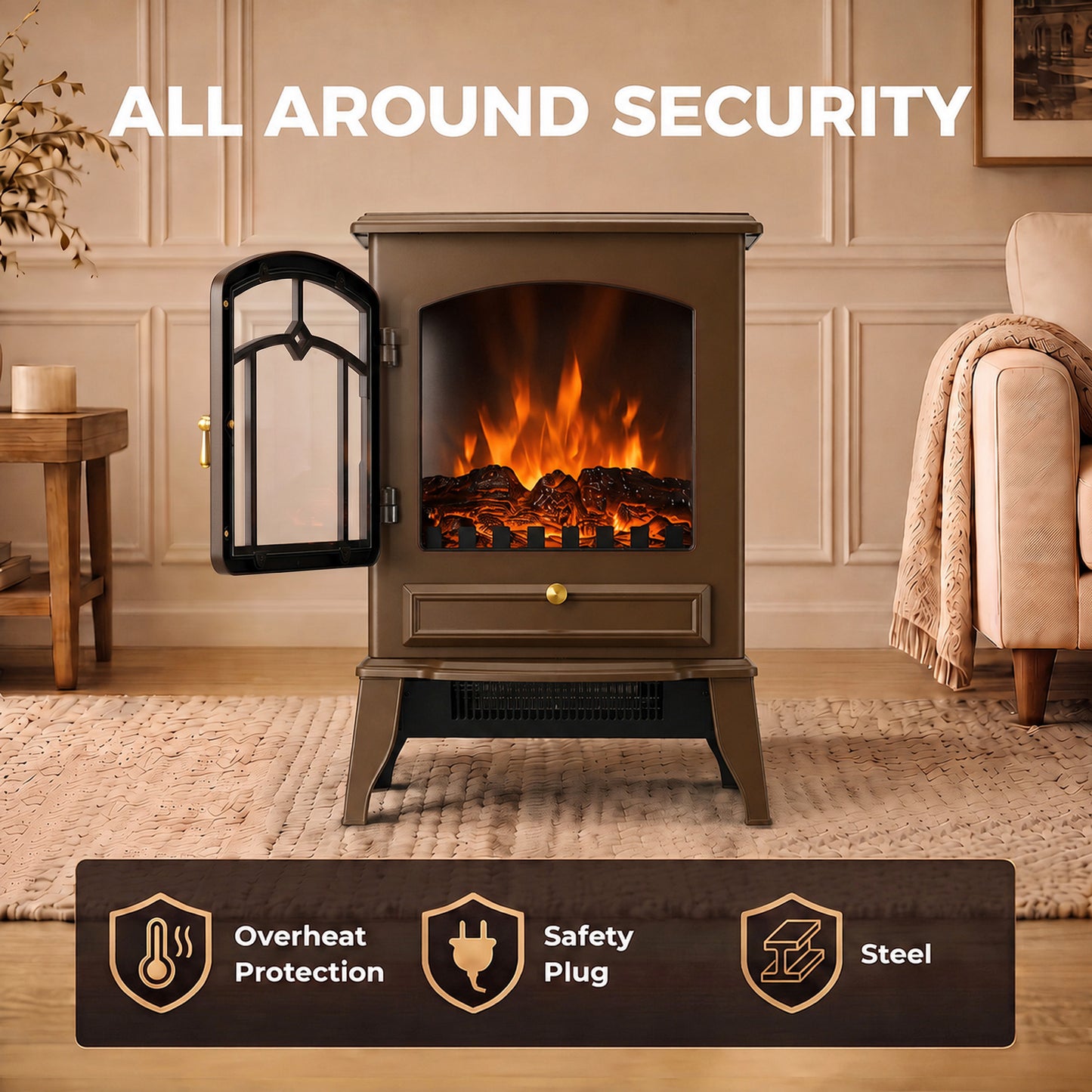 HOMCOM Electric Fireplace Stove, 1000/2000W 3-Sided Freestanding Fireplace Heater with 3D Flame Log, Thermostat, Brown