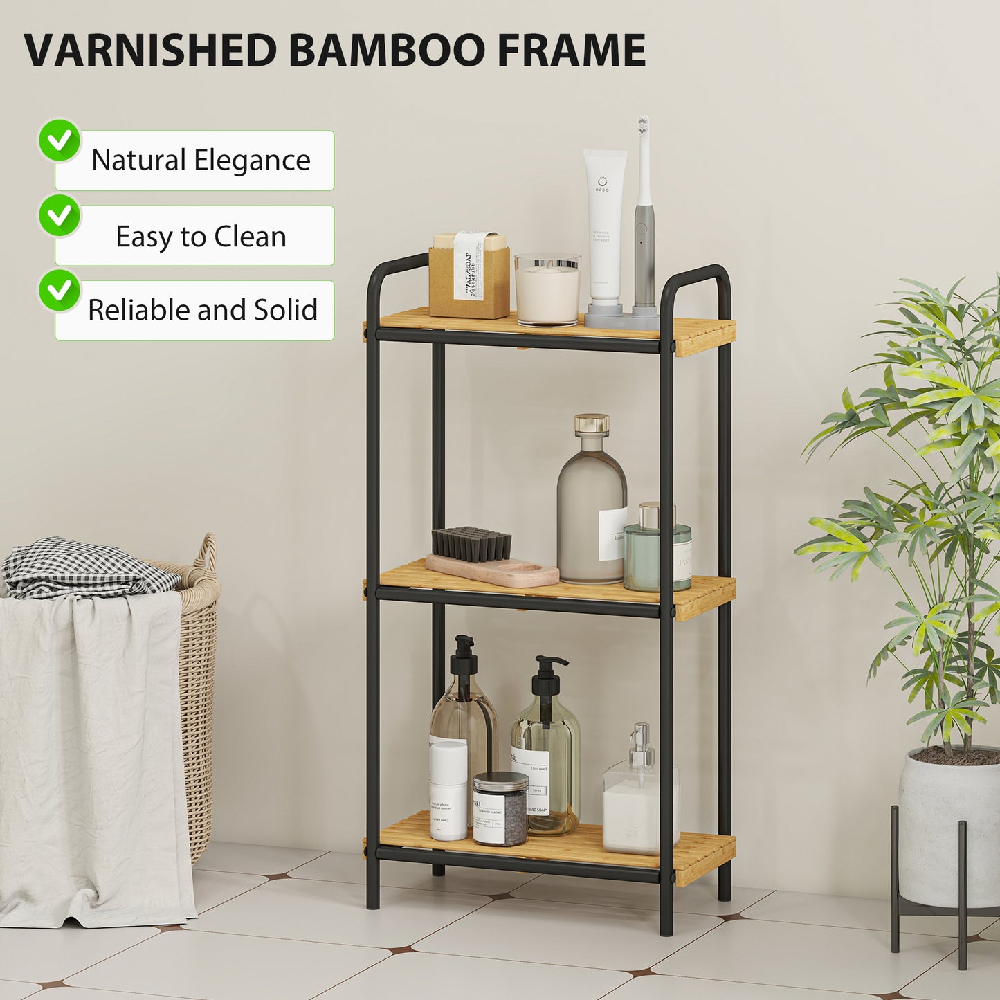 HOMCOM 3-Tier Bamboo Storage Shelf, Freestanding Narrow Unit with Slatted Shelves, 41.5x21.5x77.5 cm, Natural and Black