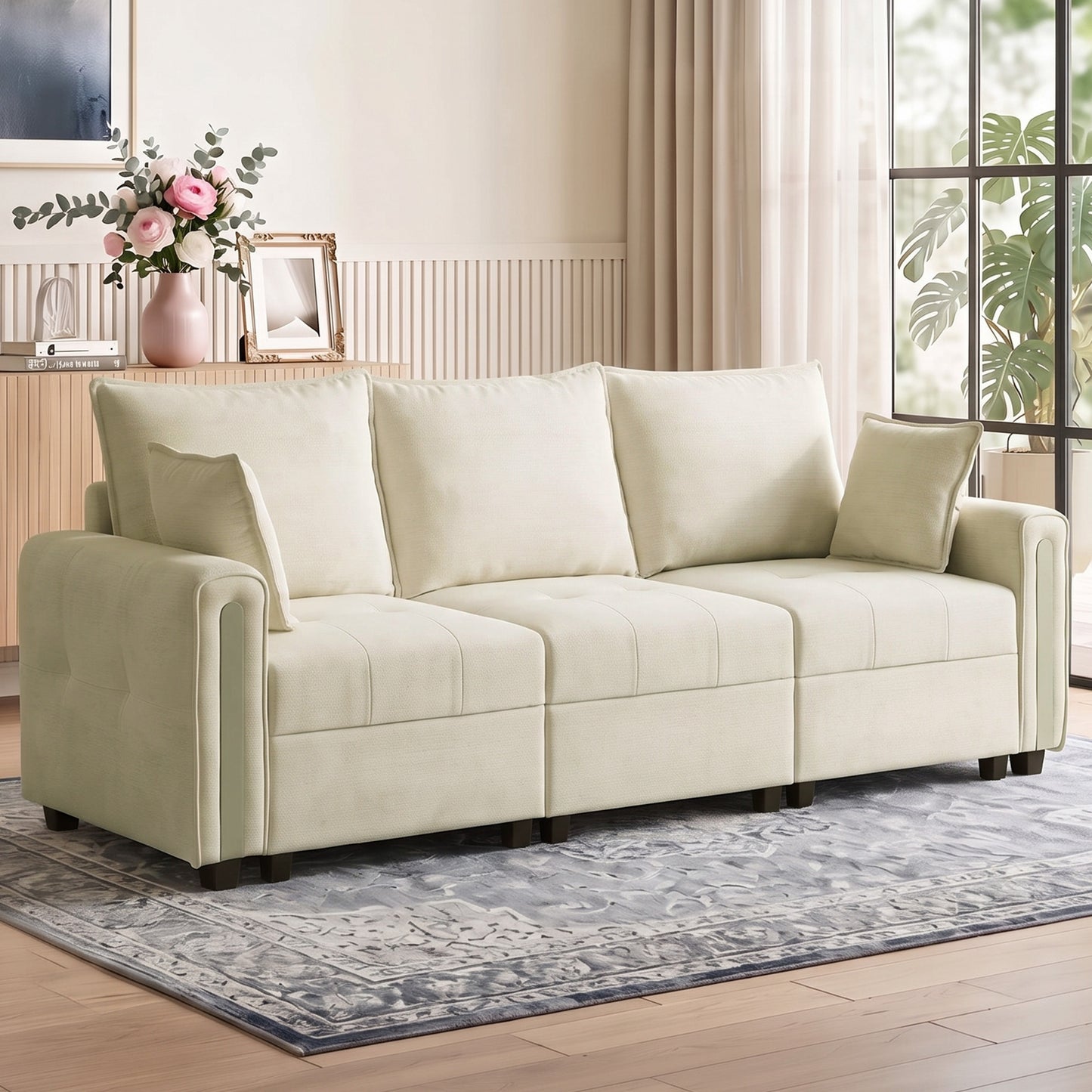 HOMCOM 3 Seater Sofa with Lift-Up Storage, 228cm Comfy Velvet Couch with Wide Deep Seat, Beige