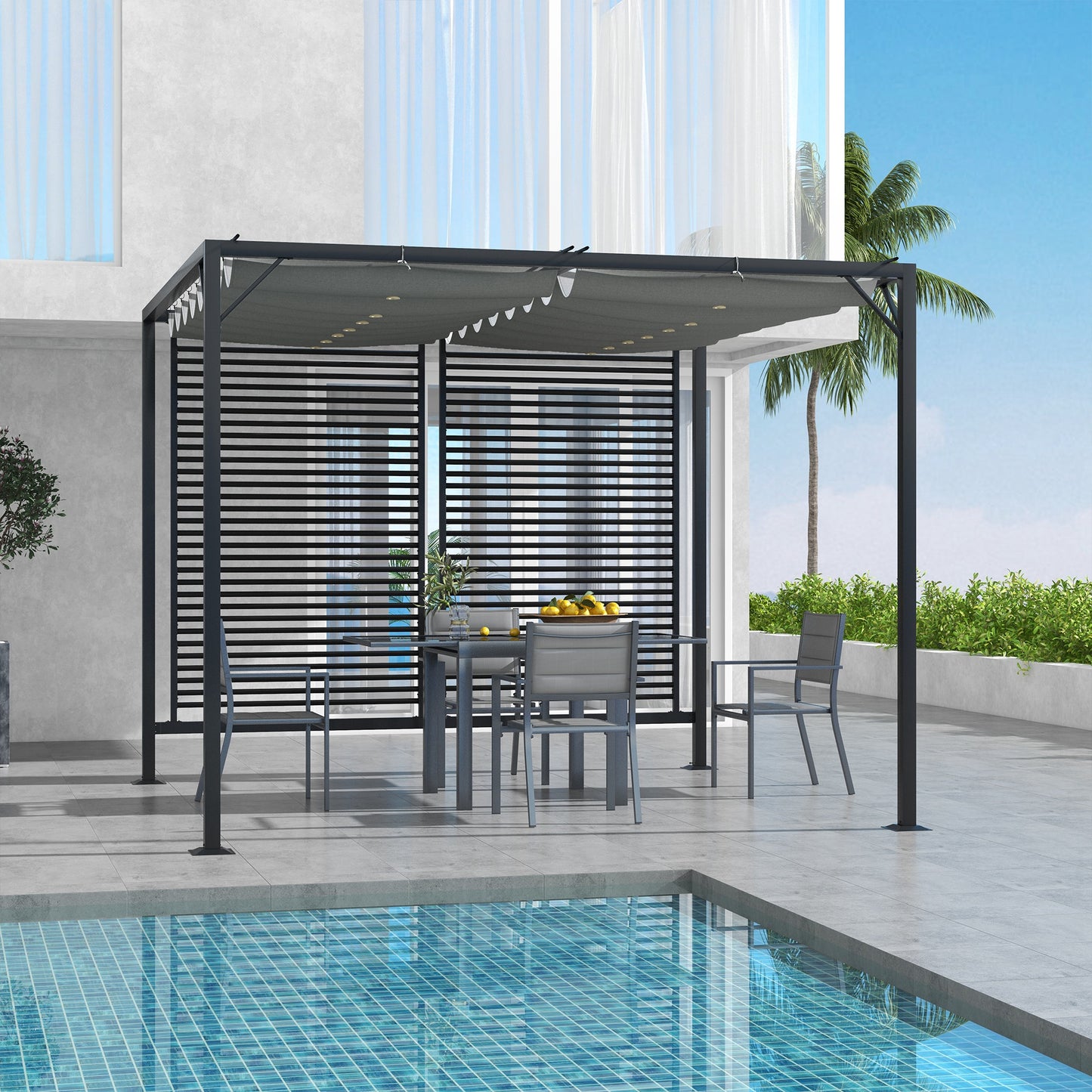 Outsunny 3 x 2.8m Metal Pergola with Retractable Fabric Roof - Grey