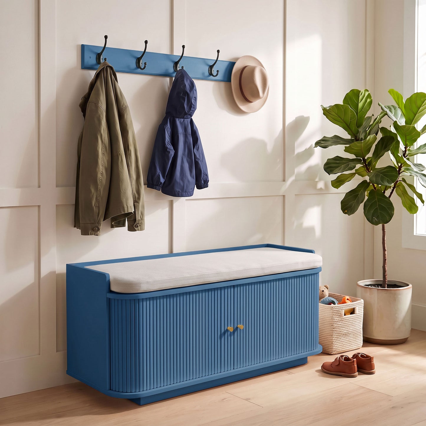 HOMCOM Hallway Storage Unit, Hallway Furniture Set with Shoe Storage Cabinet and 5 Hooks Coat Rack, Blue