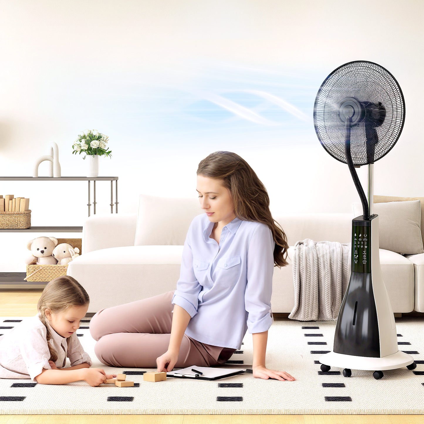 HOMCOM Pedestal Fan with Water Mist, 75° Oscillation, Tilt Head, 3 Speeds, 3 Modes, 3L Tank, Wheels, 125 cm, for Home, White
