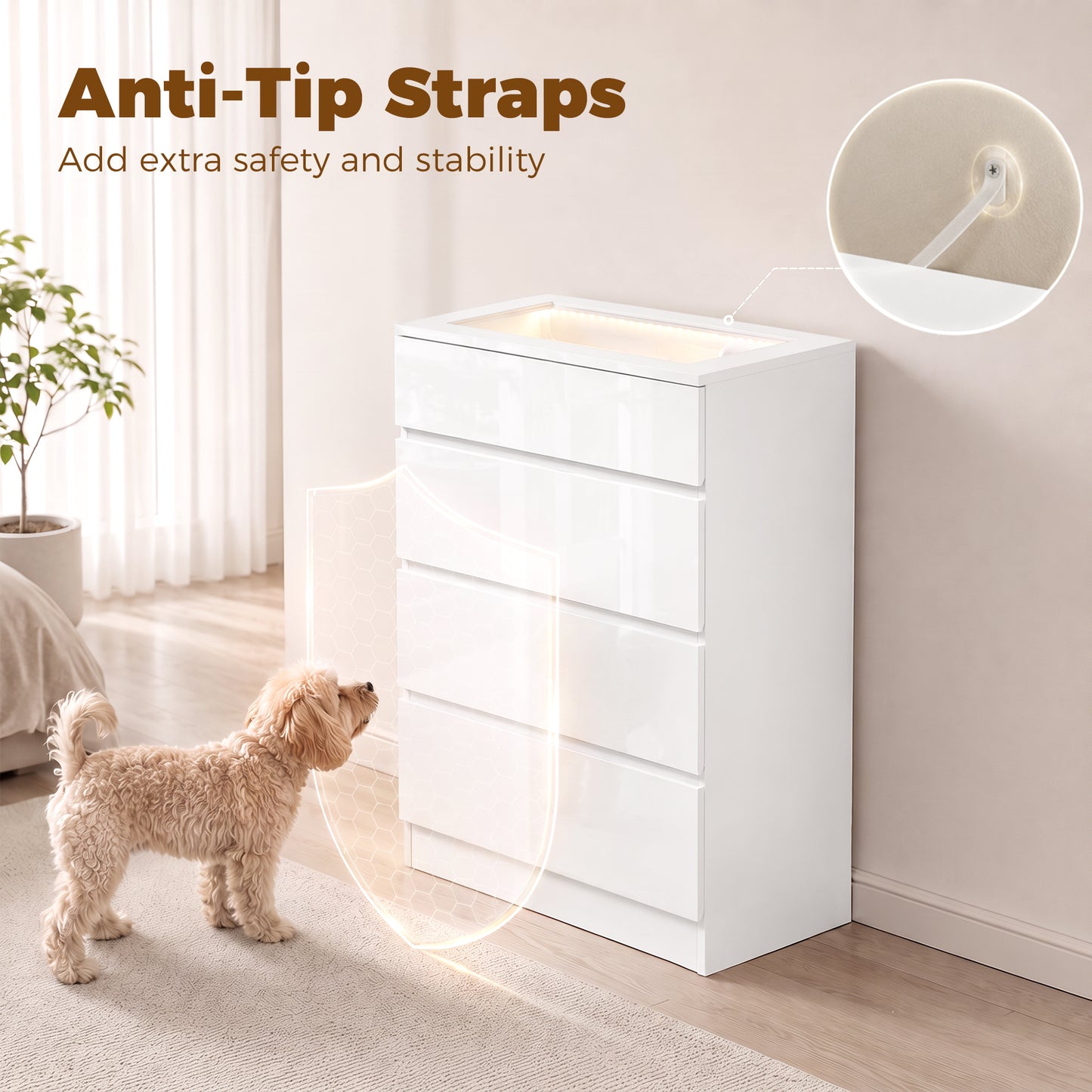 HOMCOM High Gloss 4 Drawer Chest of Drawers with Glass Top and RGB LED Lights, Dresser with Jewelry Organizer, APP Control