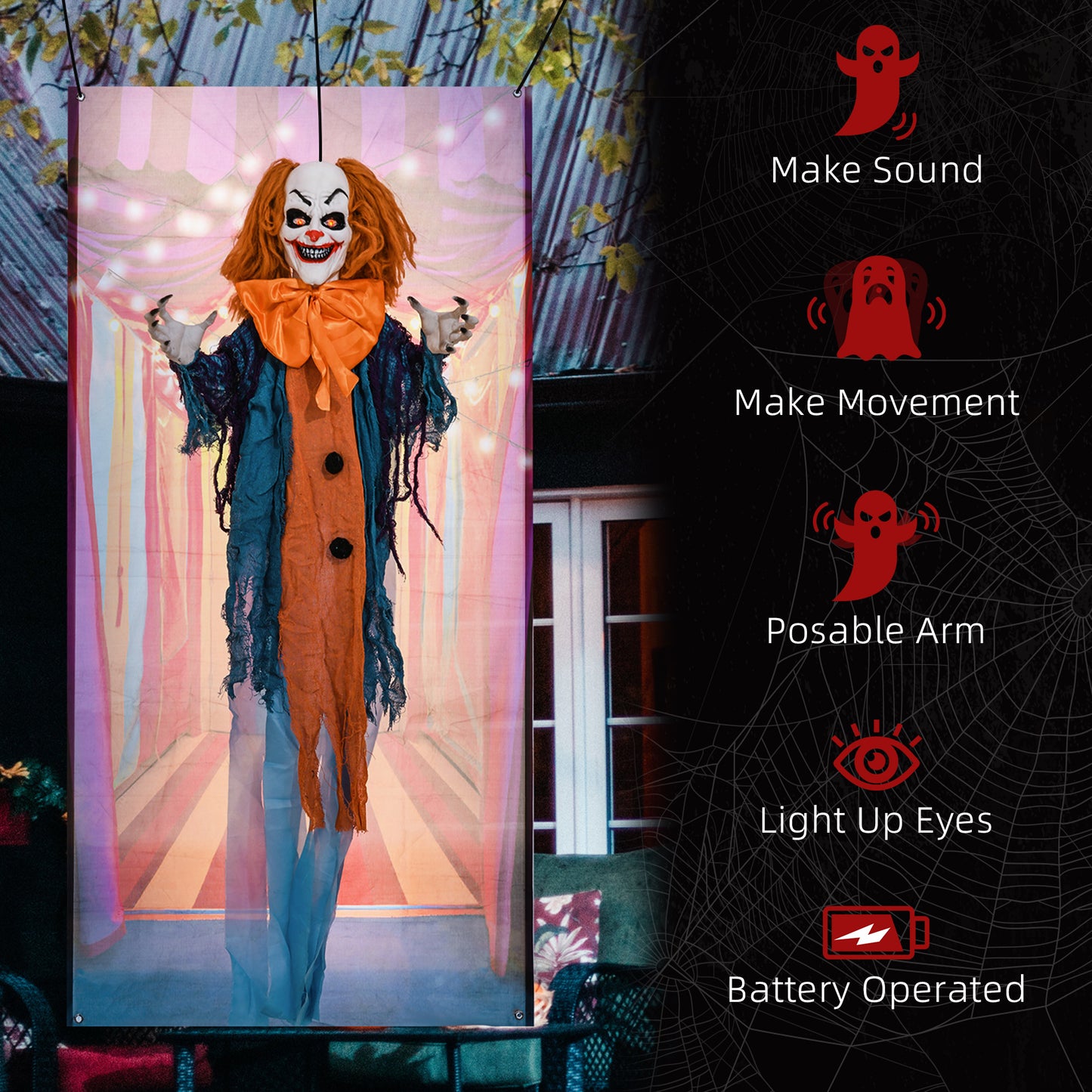 HOMCOM Life Size Circus Clown Halloween Decoration, Animatronic w/ Sound Activated, Light Up Eyes, Sound Effects, Animated Prop - 168cm