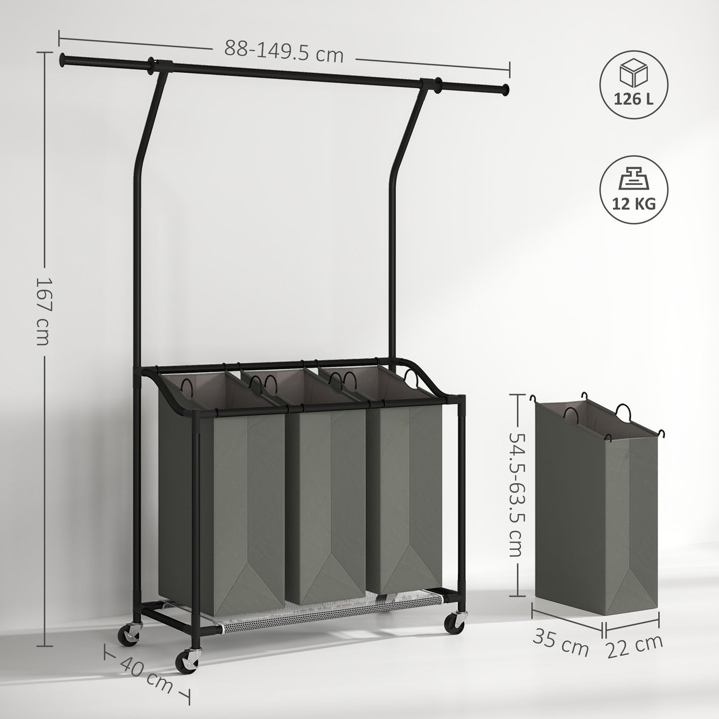 HOMCOM Laundry Sorter, Rolling Basket with Hanging Rail & 3-Bag Organizer for Bedroom/Bathroom, 88-149.5L x 40W x 167H cm, Dark Grey