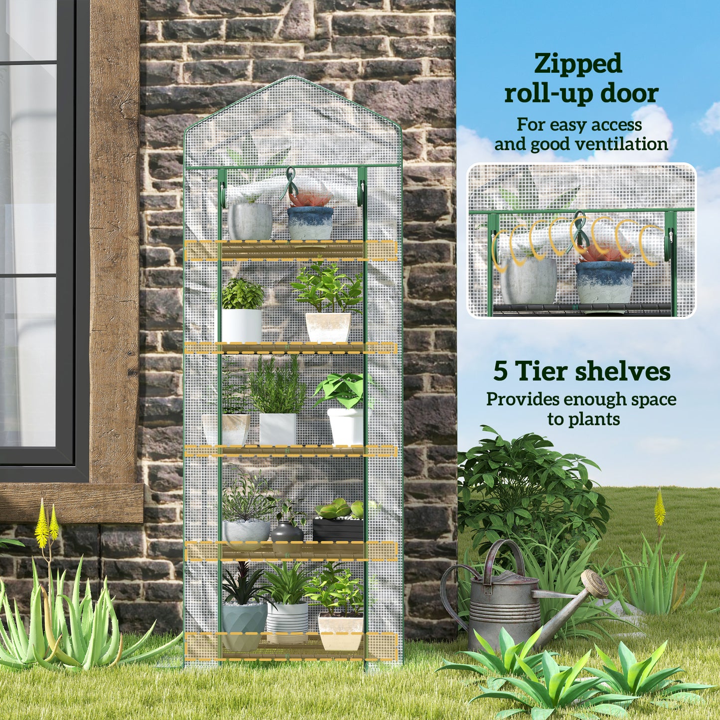 Outsunny 193cm Five Shelf Mini Greenhouse - Green border