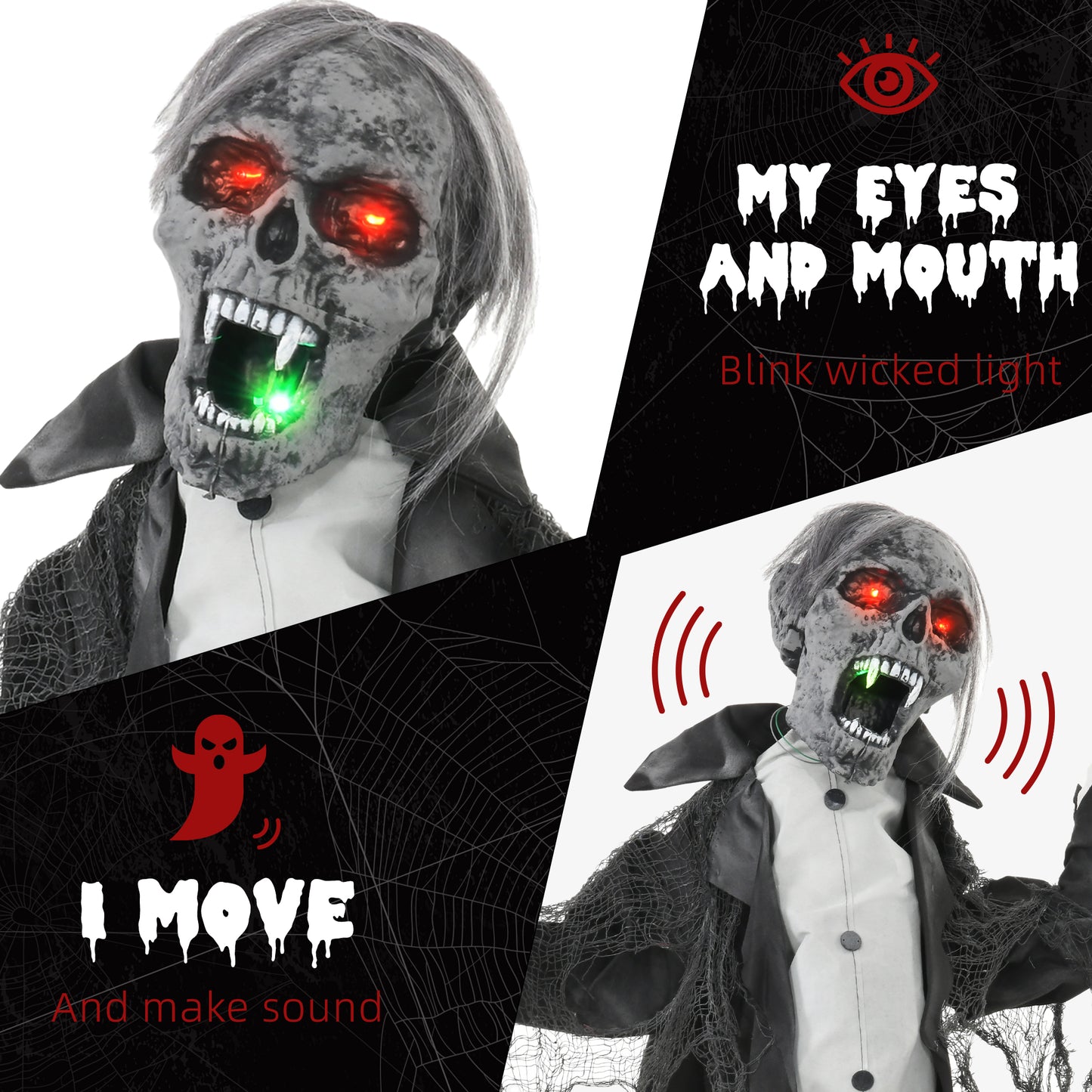 HOMCOM Halloween Animated Skeleton with Glowing LED Eyes and Mouth, Half-Body Halloween Decoration, Battery Operated