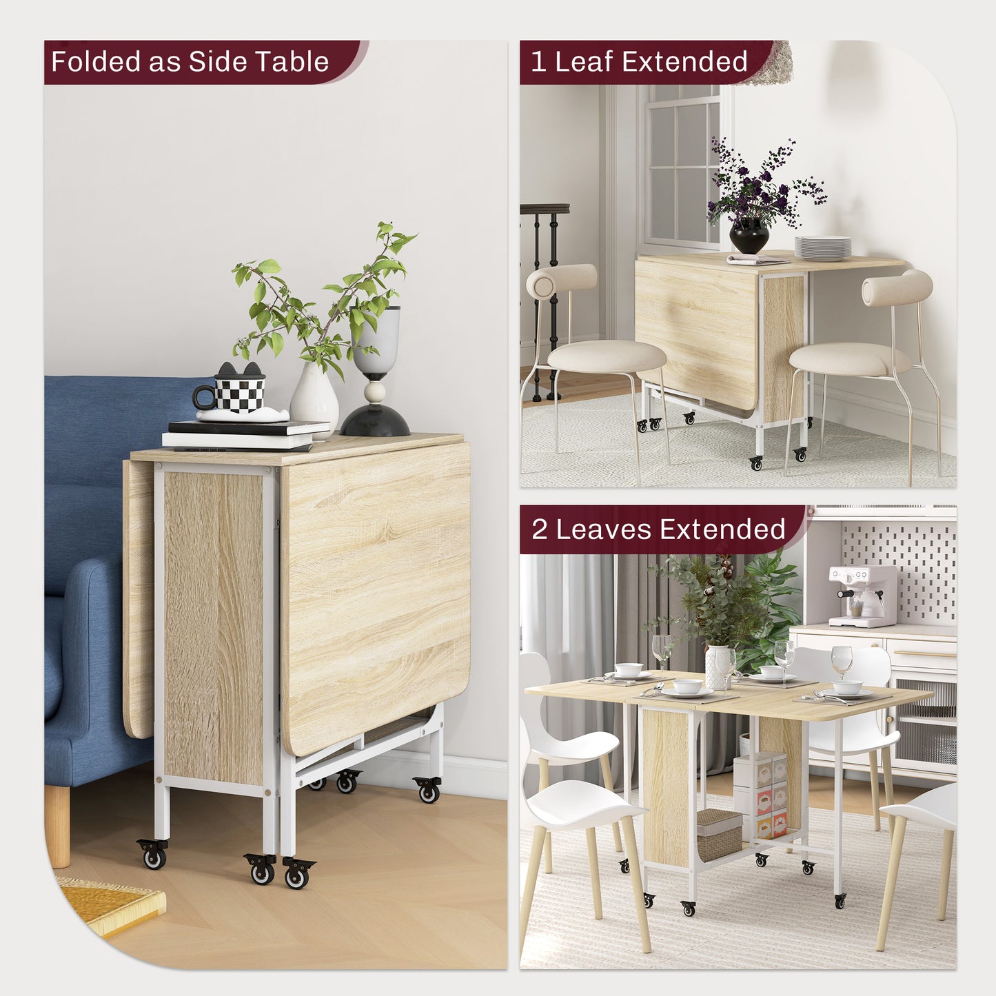 HOMCOM Mobile Drop Leaf Table, Folding Kitchen Table with Wheels & Storage Shelf, Natural Wood