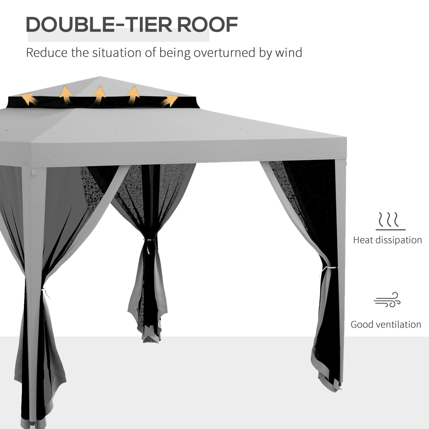 Outsunny 3 x 3 m Gazebo, Netting Party Tent, Patio Canopy Outdoor Event Shelter with Double Tier Roof, Light Grey