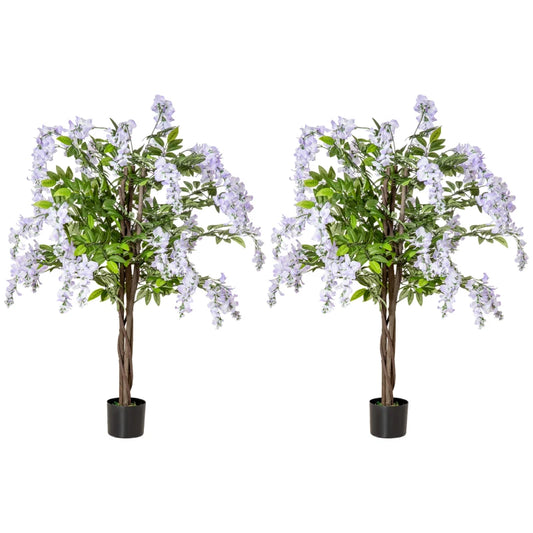 HOMCOM Set of 2 Artificial Plants Wisteria Floral in Pot, Fake Plants for Home Indoor Outdoor Decor, 100cm