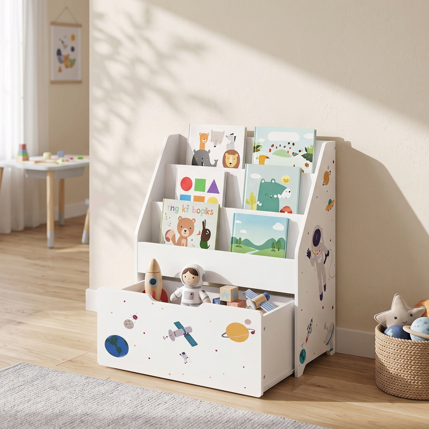AIYAPLAY Kids Bookshelf, Montessori Inspired Childrens Bookcase with Moveable Drawer, 3-Tier Bookshelf for 3-8 Years, White