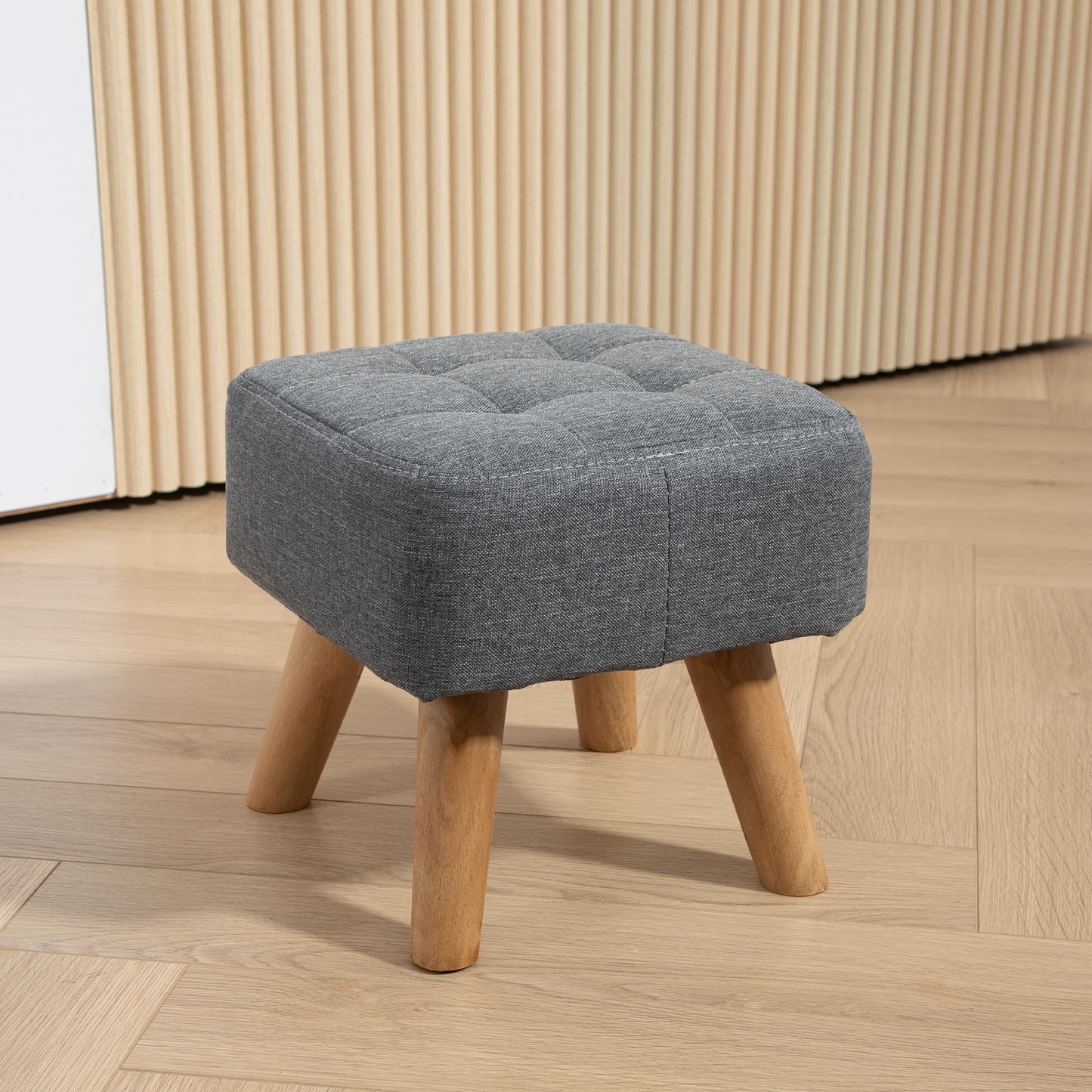 HOMCOM Modern Tufted Footstool, Fabric Foot Stool with Rubber Wood Legs, Padded Seat, for Living Room, Bedroom, Entryway, Grey