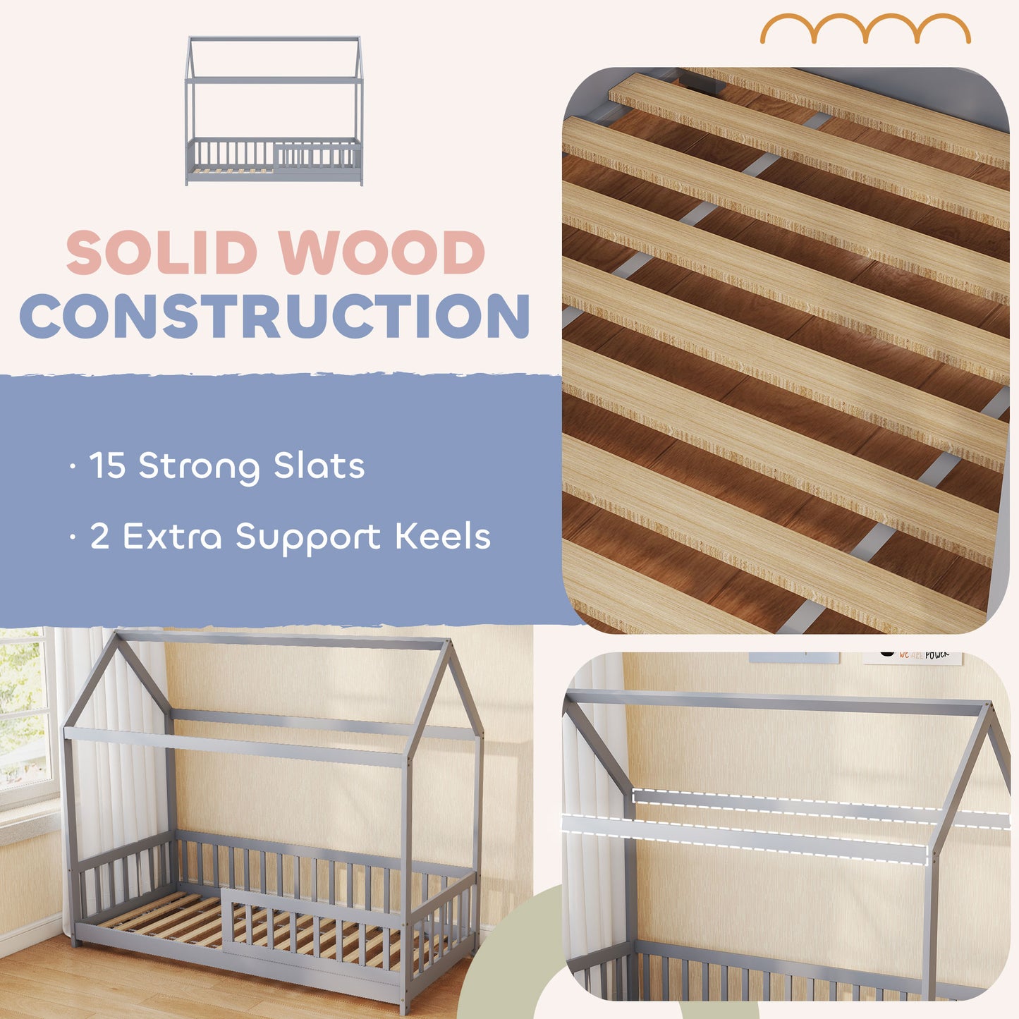 HOMCOM House-Shaped Kids Bed Frame with Guard Rails, Solid Pine Wood Single Bed Frame for Kids Boys and Girls, Grey