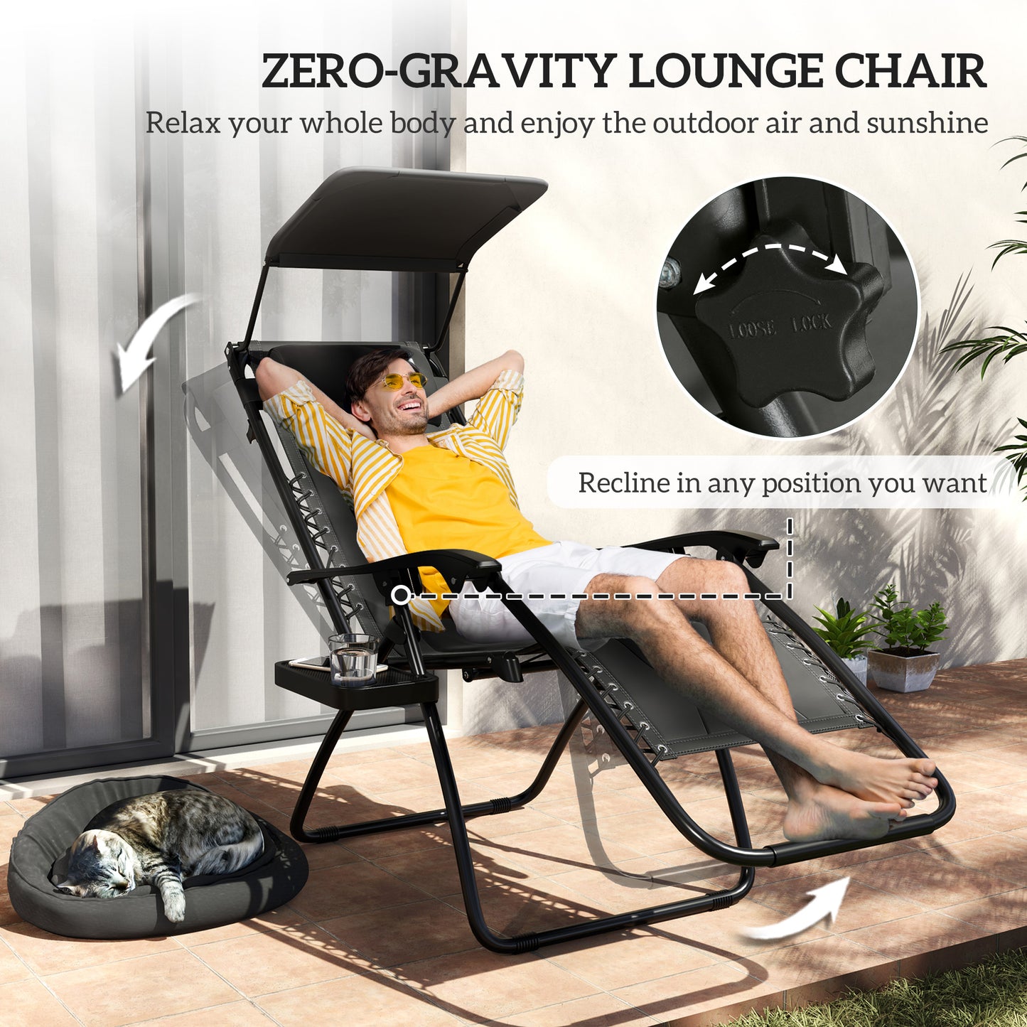 Outsunny Zero Gravity Lounger Chair Set of 2, Folding Reclining Chair with Shade, Cup Holder, Black