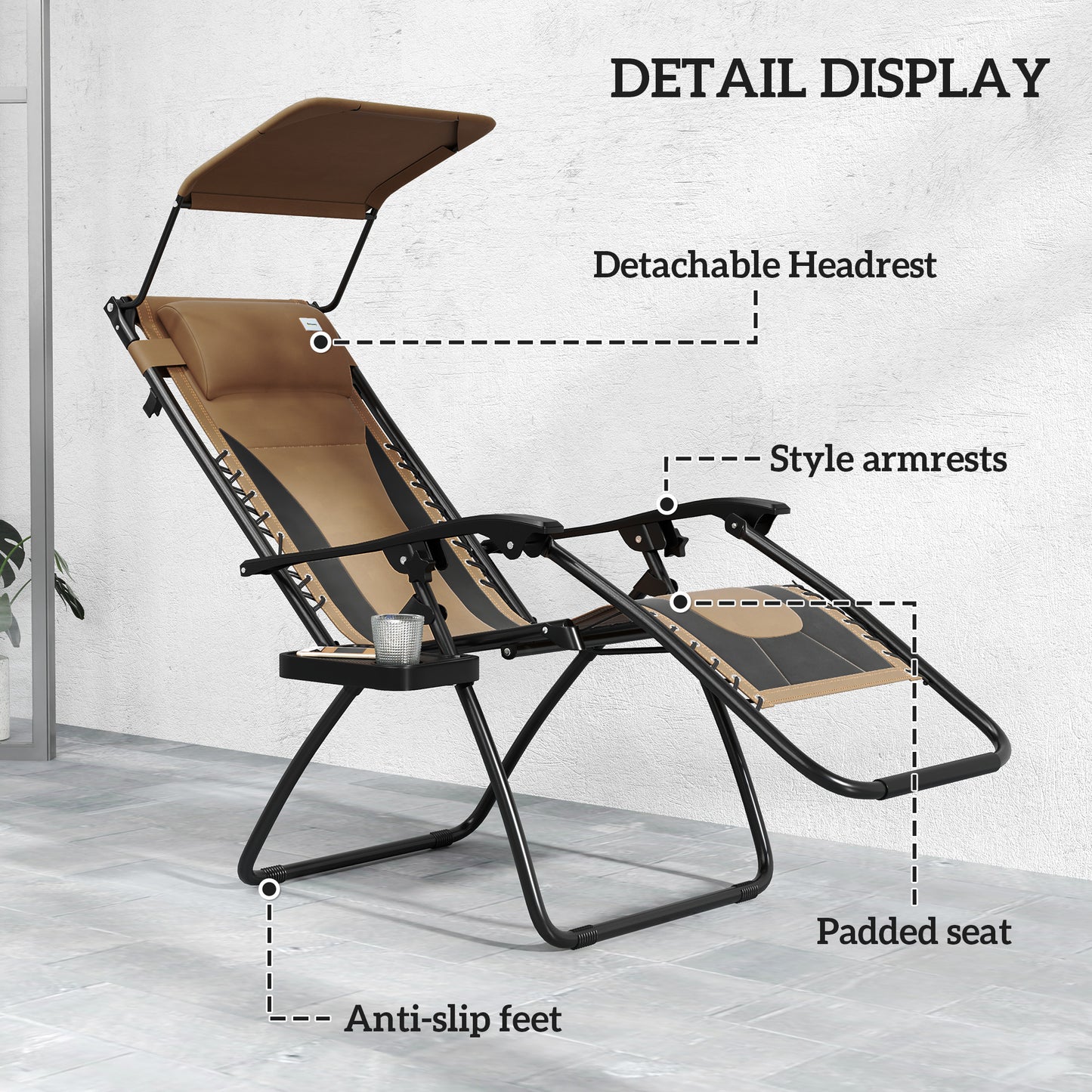 Outsunny Zero Gravity Lounger Chair Set of 2, Reclining with Shade, Cup Holder, Cushion, and Headrest, Brown