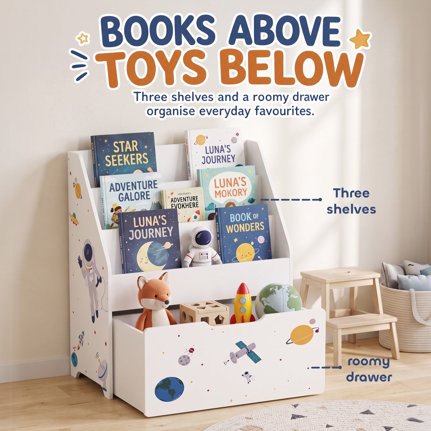 AIYAPLAY Kids Bookshelf, Montessori Inspired Childrens Bookcase with Moveable Drawer, 3-Tier Bookshelf for 3-8 Years, White