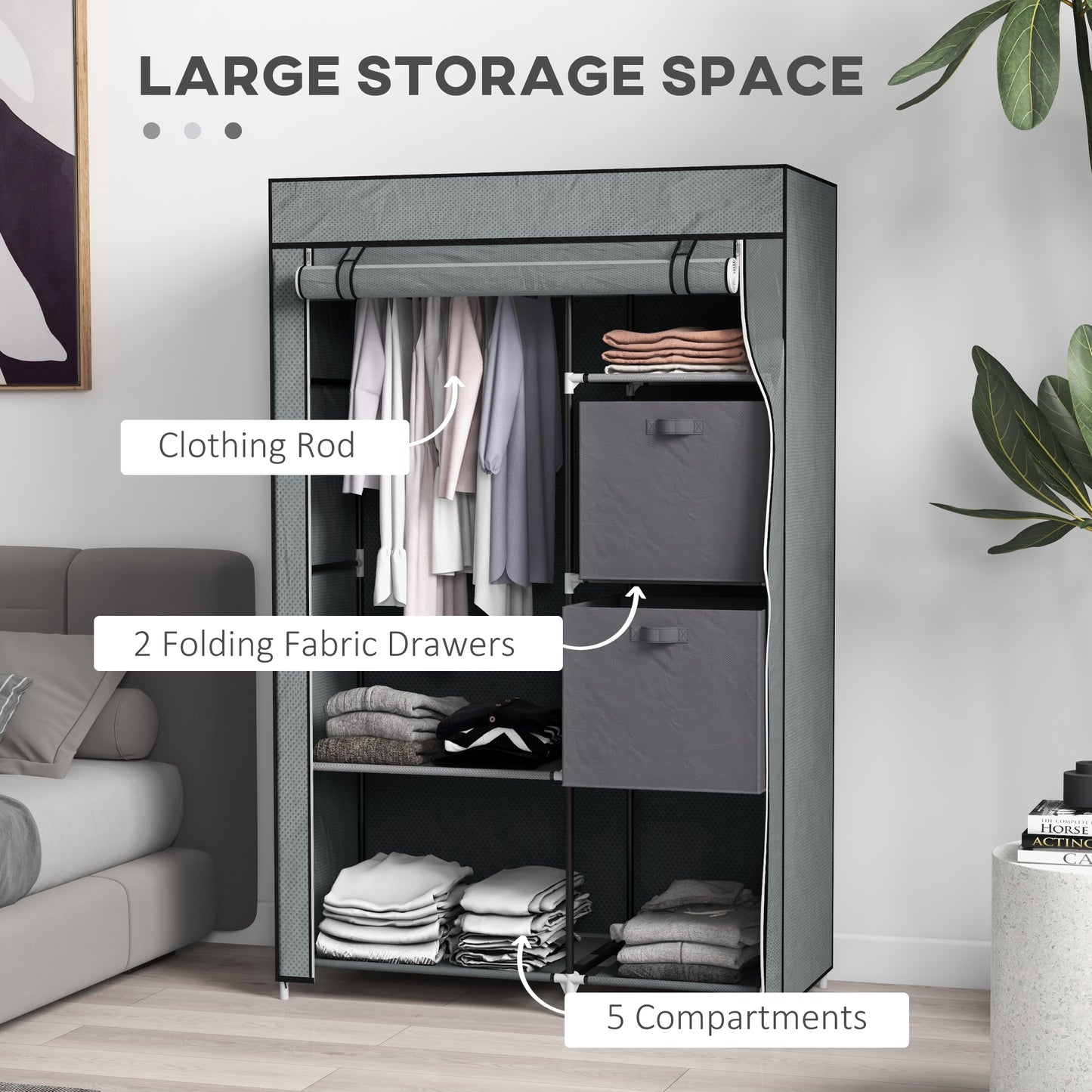 HOMCOM Fabric Wardrobe, Portable Clothes Storage with 5 Compartments, Hanging Rail, 2 Drawers, 102x42.5x162.5cm, Dark Grey