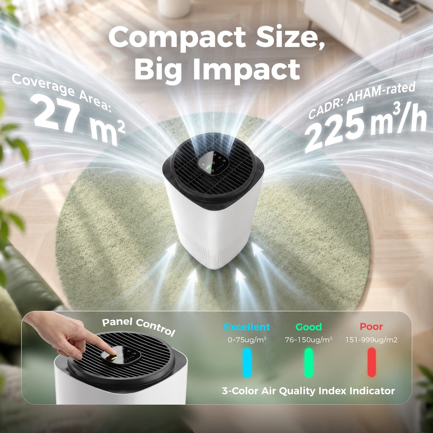 HOMCOM Smart Air Purifier for Home, HEPA Filter, Sleep/Auto Mode, 27m², Air Cleaner, App & Voice Control, Quiet, AQI Indicator