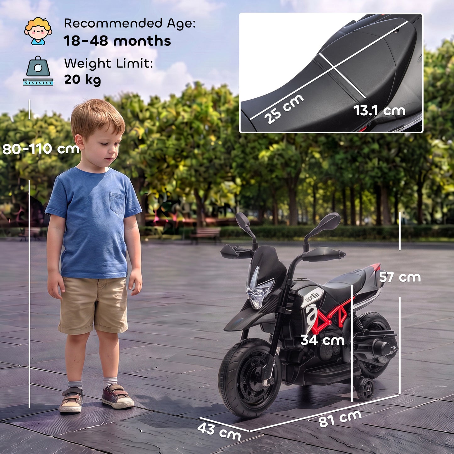 AIYAPLAY 6V Kids Electric Motorbike with Training Wheels, Headlight, Music, Horn for 80-110 cm Height, 18 Months-4 Years, Black
