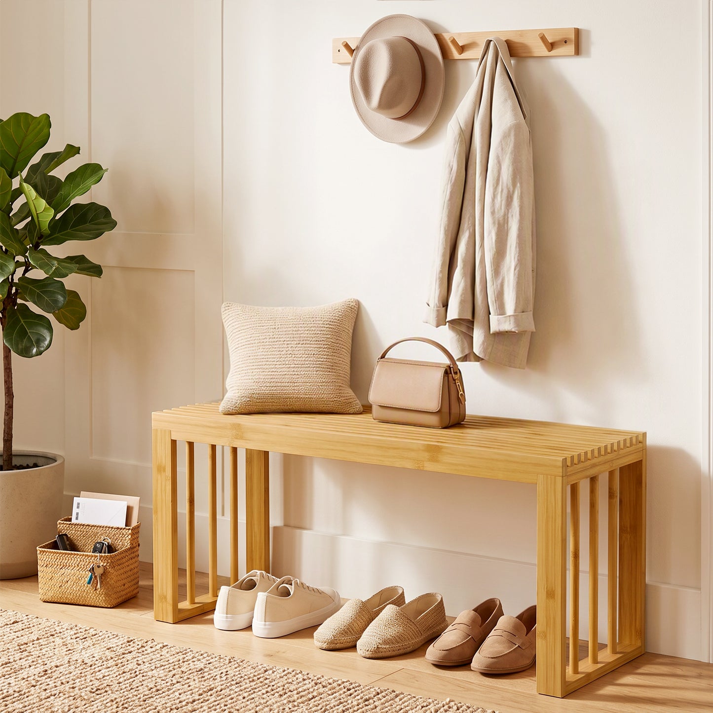 HOMCOM 90 cm Bamboo Shoe Bench Backless Hallway Bench Seat, Wood Indoor Decor for Entryway, Natural