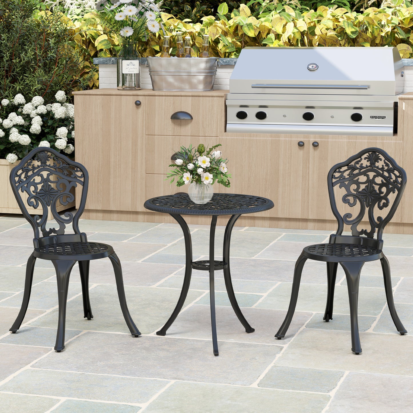 Outsunny 3 Piece Cast Aluminium Bistro Set for 2, Outdoor Table & 2 Chairs with Parasol Hole, Black