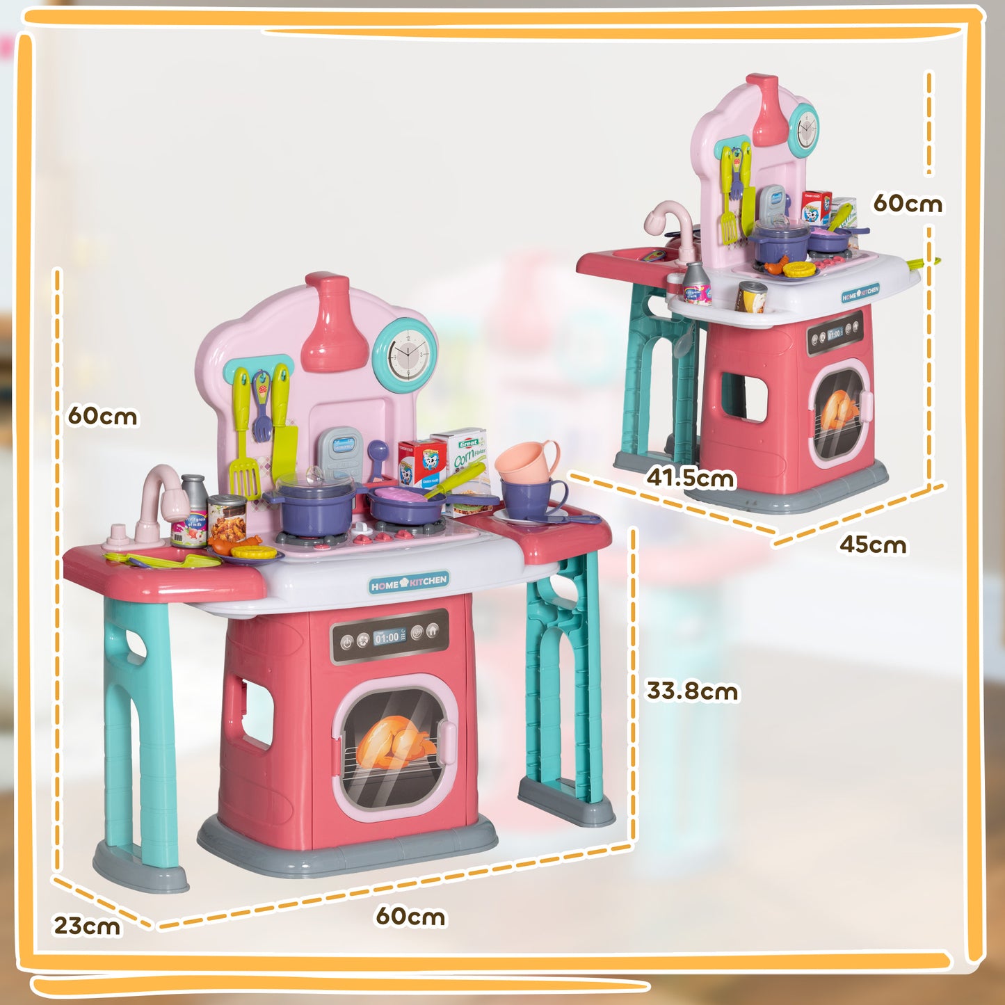 AIYAPLAY Toy Kitchen 45 Pieces Kids Kitchen with Rotating Side Tables for Children 3-6 Years Pink