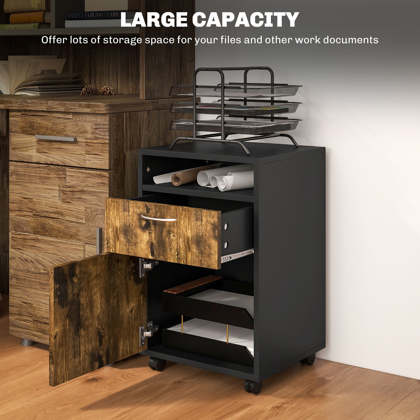 HOMCOM 60cm Storage Cabinet with Drawer, Open Shelf, Metal Handles and 4 Wheels, Office Home Organiser Mobile Printer, Rustic Brown