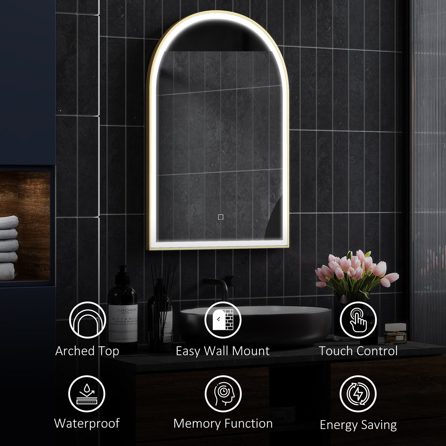 HOMCOM 90 x 60 cm Bathroom Mirror with LED Lights, Anti-Fog Arched Vanity Mirror with 3 Colour Dimmable, Gold Tone