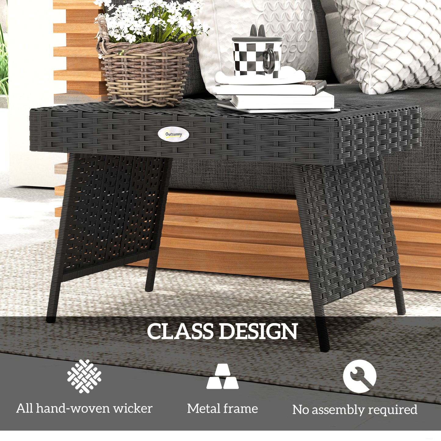 Outsunny Foldable Rattan Garden Coffee Table, Steel Frame, Space-Saving Patio/Balcony Furniture, 60x41x41 cm, Black