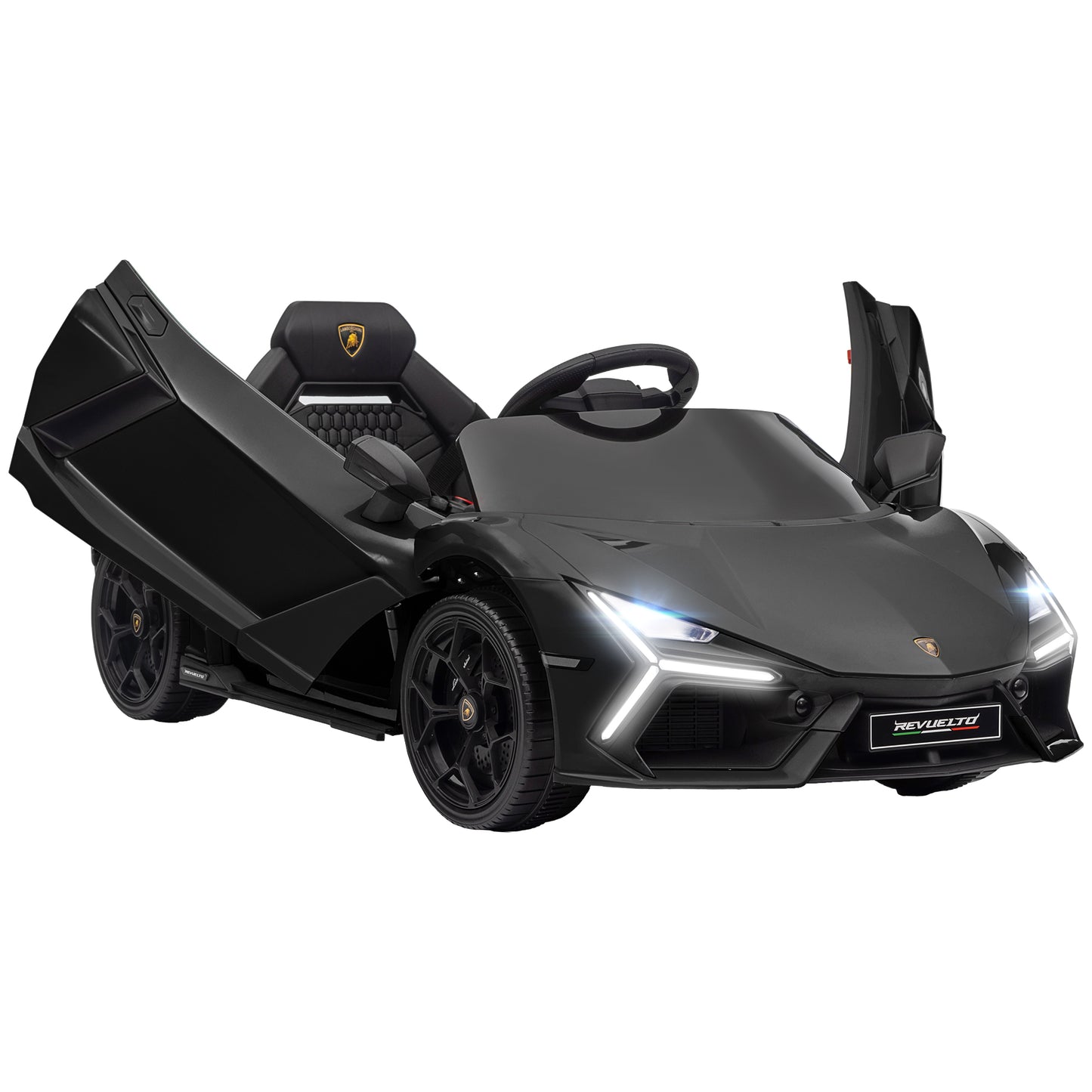 AIYAPLAY Lamborghini Revuelto Licensed 12V Ride on Car w/ Butterfly Doors Training Wheels, Suspension, Remote Control Black