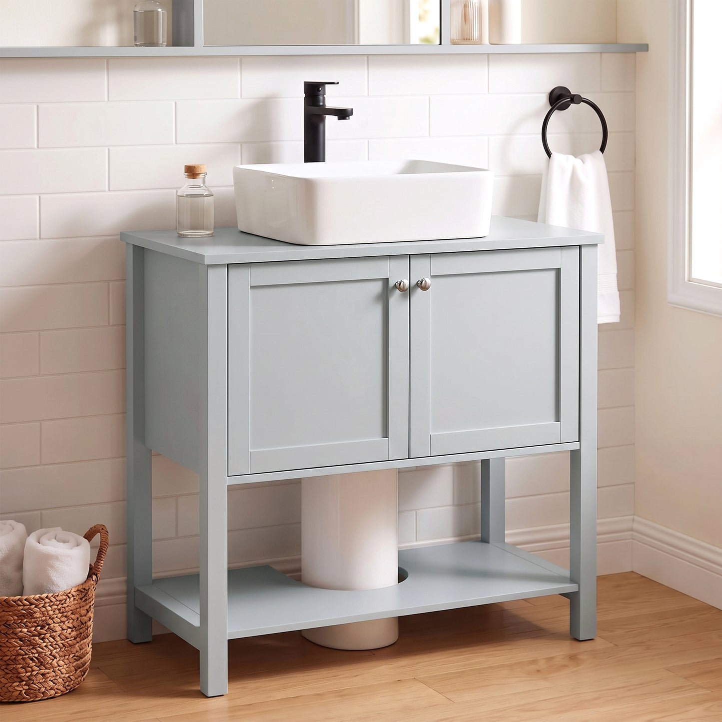 HOMCOM Under Sink Bathroom Cabinet with 2 Doors, Open Shelf and U-Shape Cut-Out for Basin with or without Pedestal, Light Blue