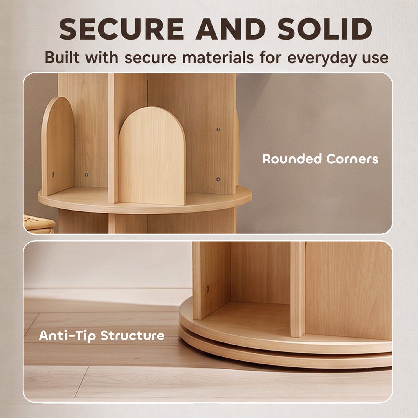 AIYAPLAY 3-Tier Rotating Bookcase, Round Kids Bookshelf Floor Standing 360° Rotating for Bedroom, Kids Room and Playroom, Natural