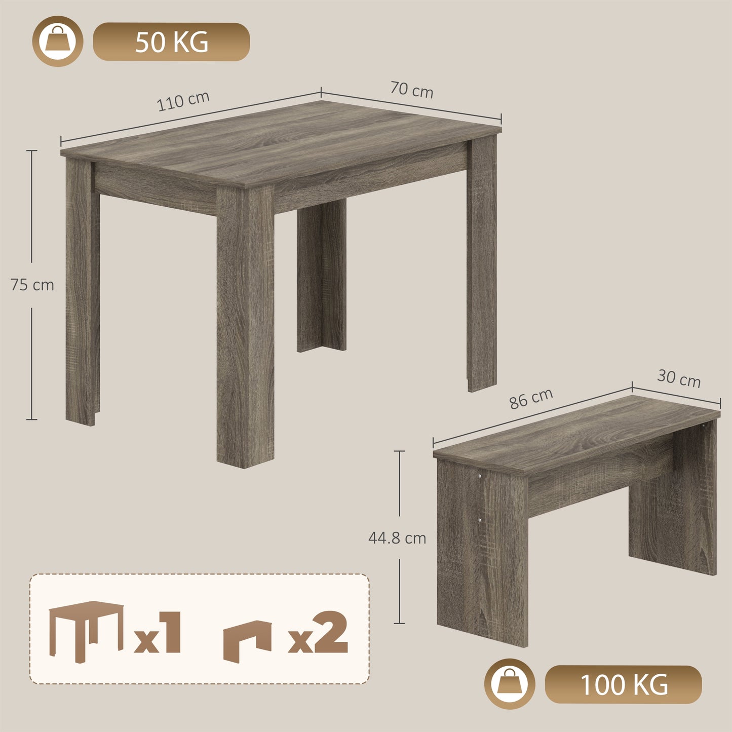 HOMCOM Kitchen Dining Table and 2 Benches Set, Table and Chairs Set for Limited Space, Grey Wood Effect
