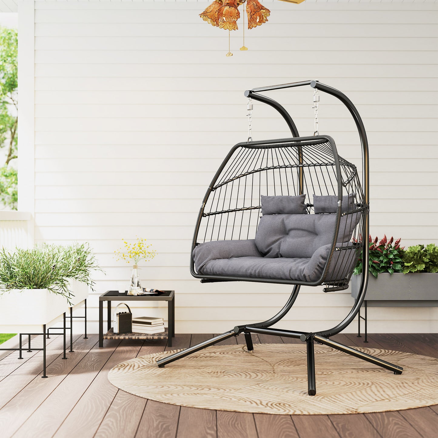 Outsunny Rattan Double Hanging Egg Chair with Stand, Foldable Wicker, Cushion & Head Pillows, 260 kg Capacity, Steel Frame, Indoor/Outdoor, Dark Grey